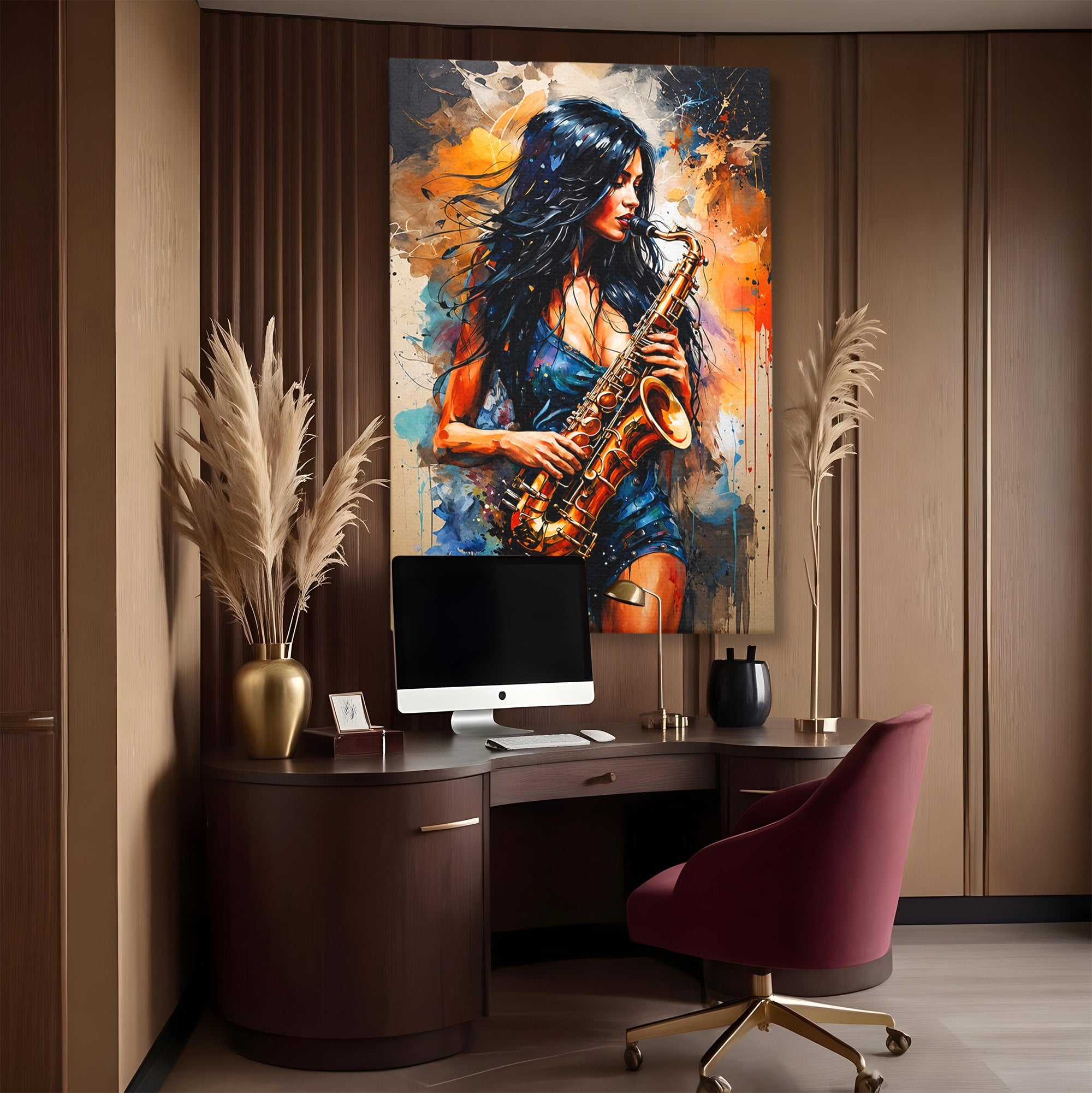 Tablou Canvas Premium LuxCanva® R1004, Saxofonista Pasionala, Saxofon, Muzica, Femeie, Living, Arta, Culori Vibrante