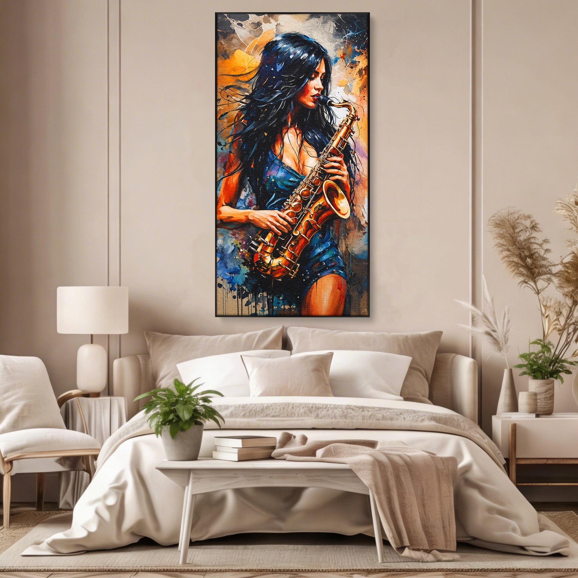 Tablou Canvas Premium LuxCanva® R1004, Saxofonista Pasionala, Saxofon, Muzica, Femeie, Living, Arta, Culori Vibrante