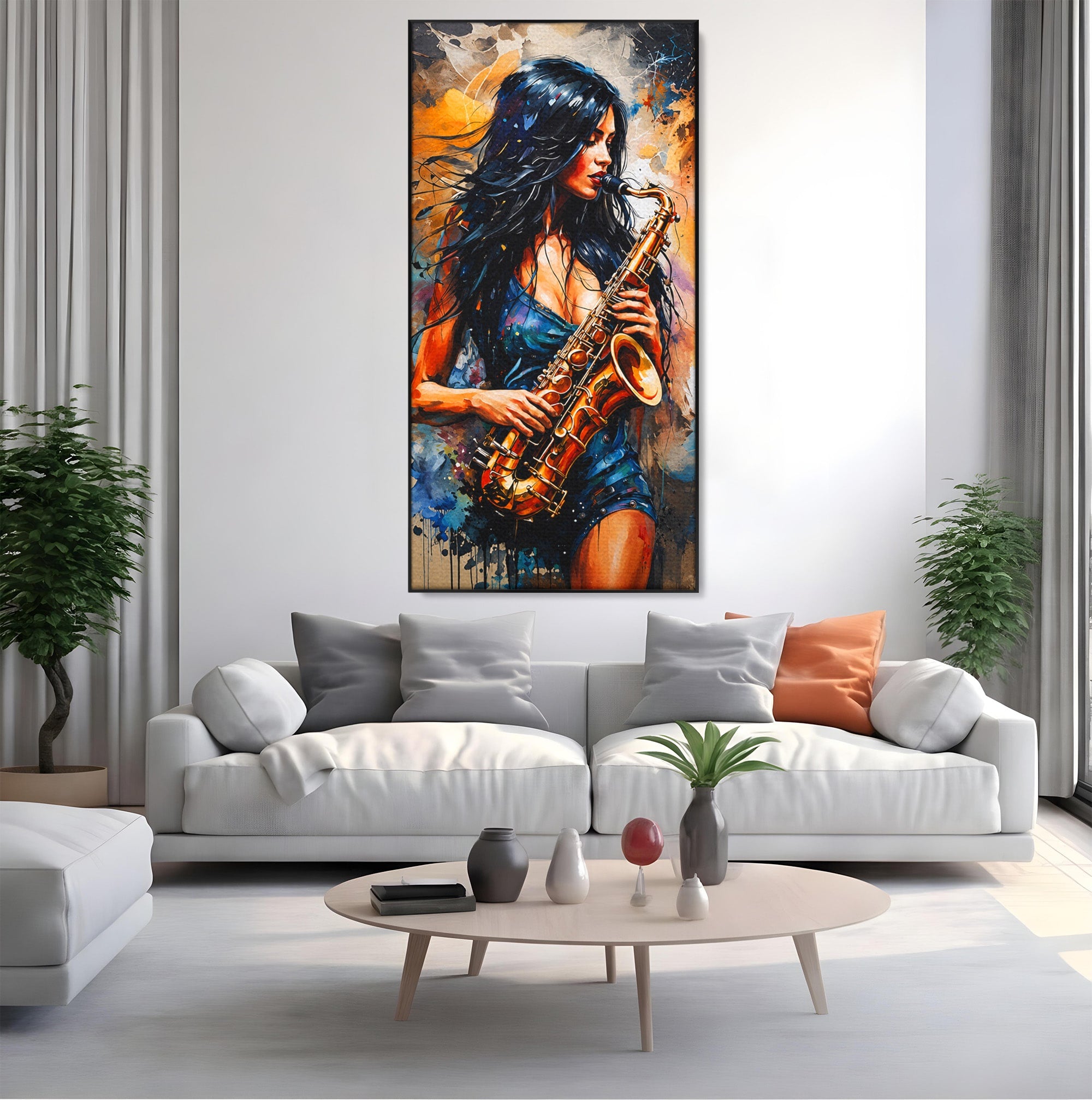 Tablou Canvas Premium LuxCanva® R1004, Saxofonista Pasionala, Saxofon, Muzica, Femeie, Living, Arta, Culori Vibrante