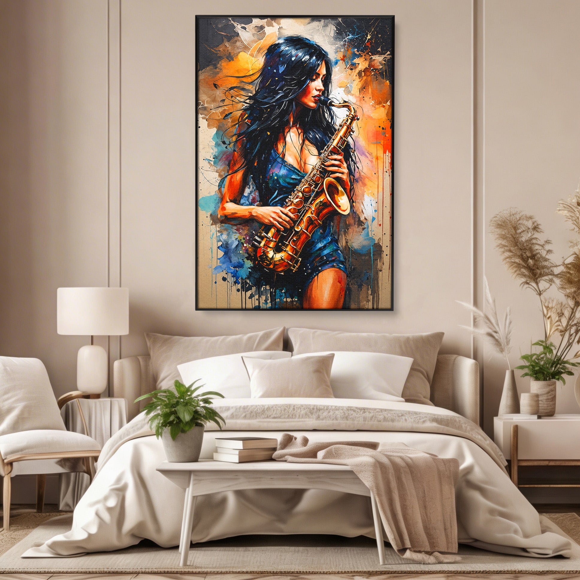 Tablou Canvas Premium LuxCanva® R1004, Saxofonista Pasionala, Saxofon, Muzica, Femeie, Living, Arta, Culori Vibrante