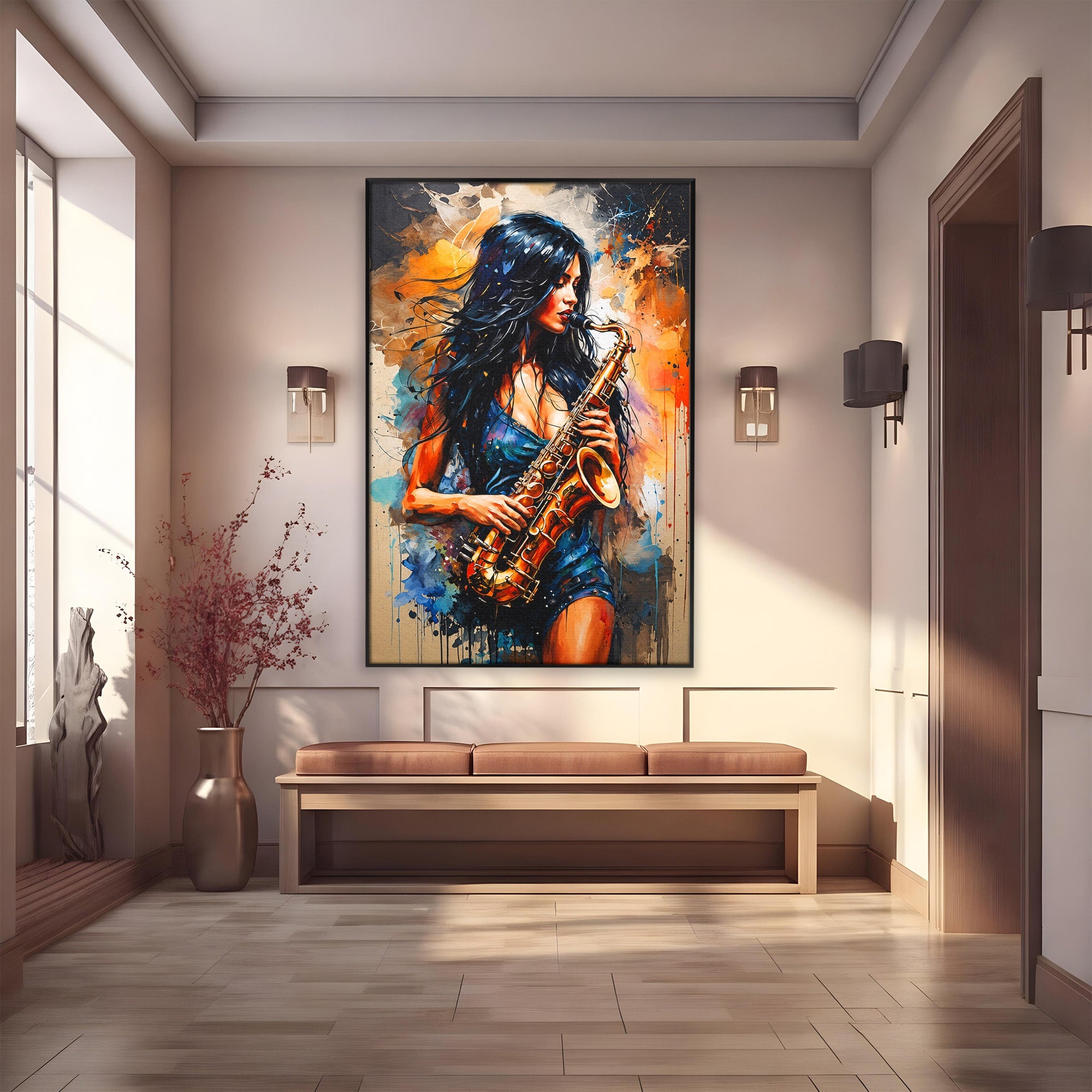 Tablou Canvas Premium LuxCanva® R1004, Saxofonista Pasionala, Saxofon, Muzica, Femeie, Living, Arta, Culori Vibrante