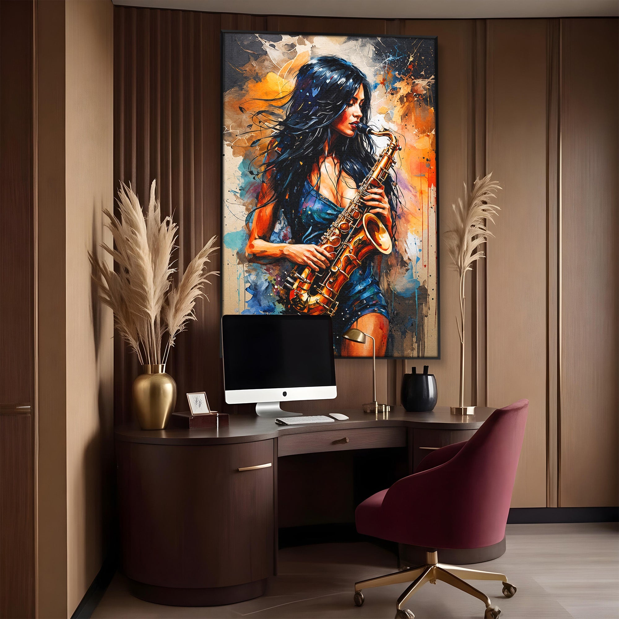 Tablou Canvas Premium LuxCanva® R1004, Saxofonista Pasionala, Saxofon, Muzica, Femeie, Living, Arta, Culori Vibrante