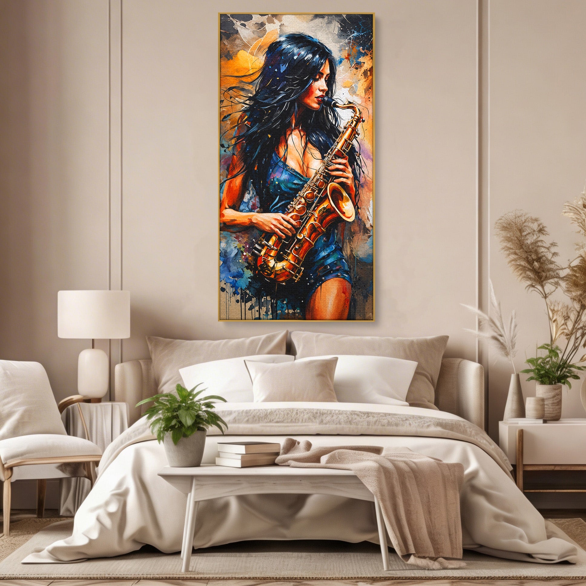 Tablou Canvas Premium LuxCanva® R1004, Saxofonista Pasionala, Saxofon, Muzica, Femeie, Living, Arta, Culori Vibrante