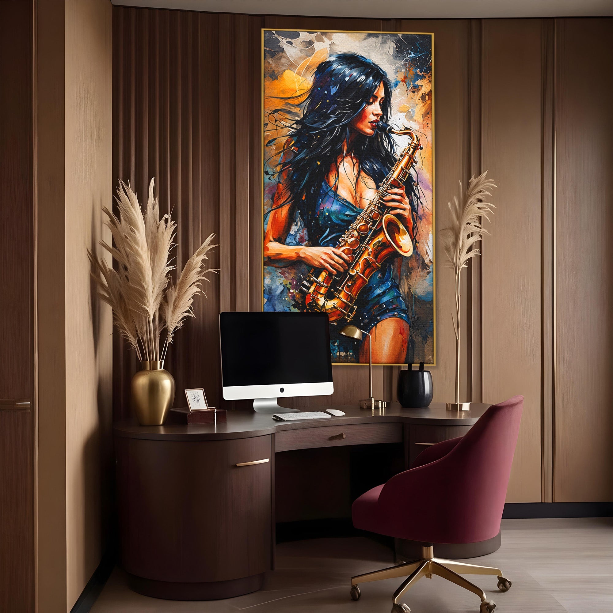 Tablou Canvas Premium LuxCanva® R1004, Saxofonista Pasionala, Saxofon, Muzica, Femeie, Living, Arta, Culori Vibrante