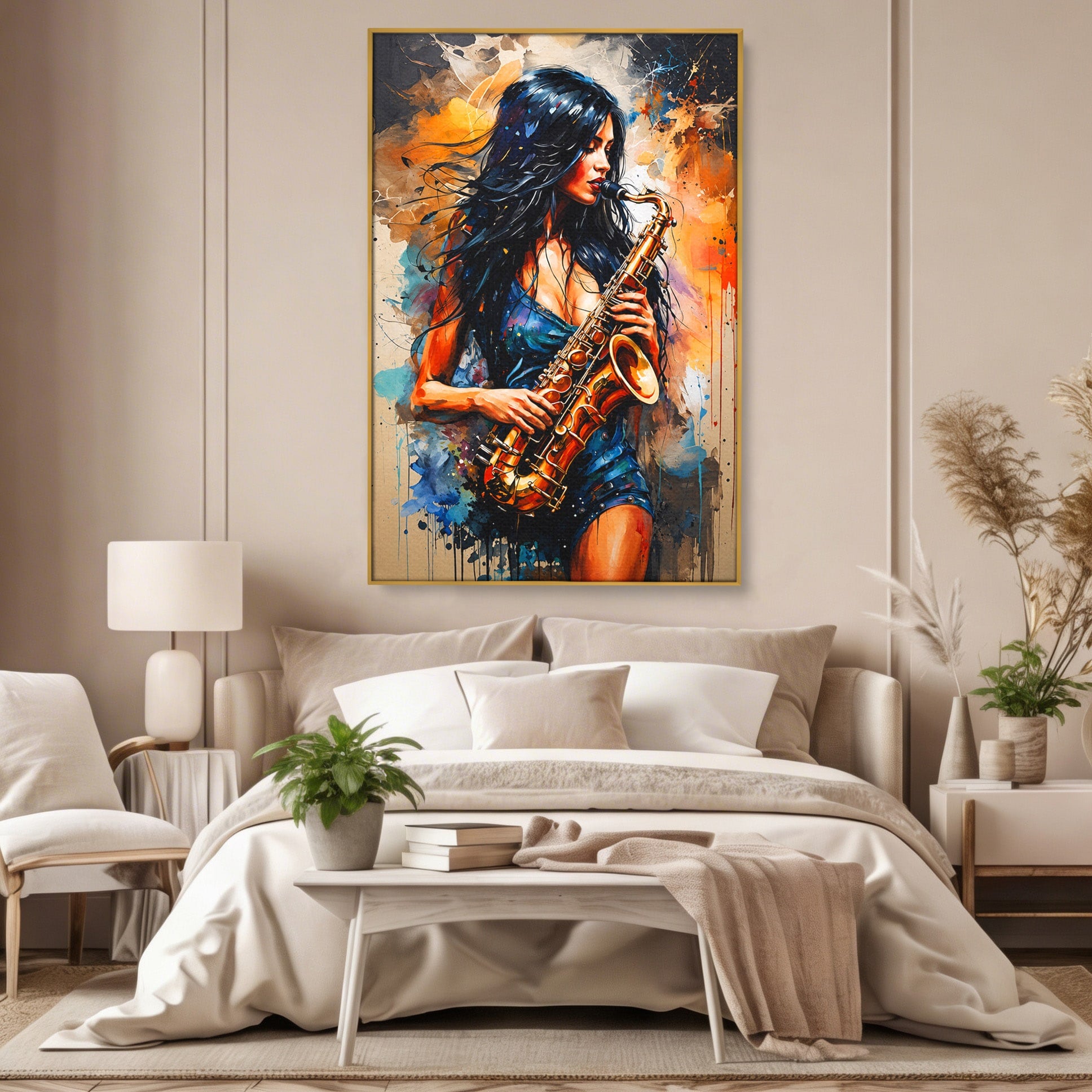 Tablou Canvas Premium LuxCanva® R1004, Saxofonista Pasionala, Saxofon, Muzica, Femeie, Living, Arta, Culori Vibrante