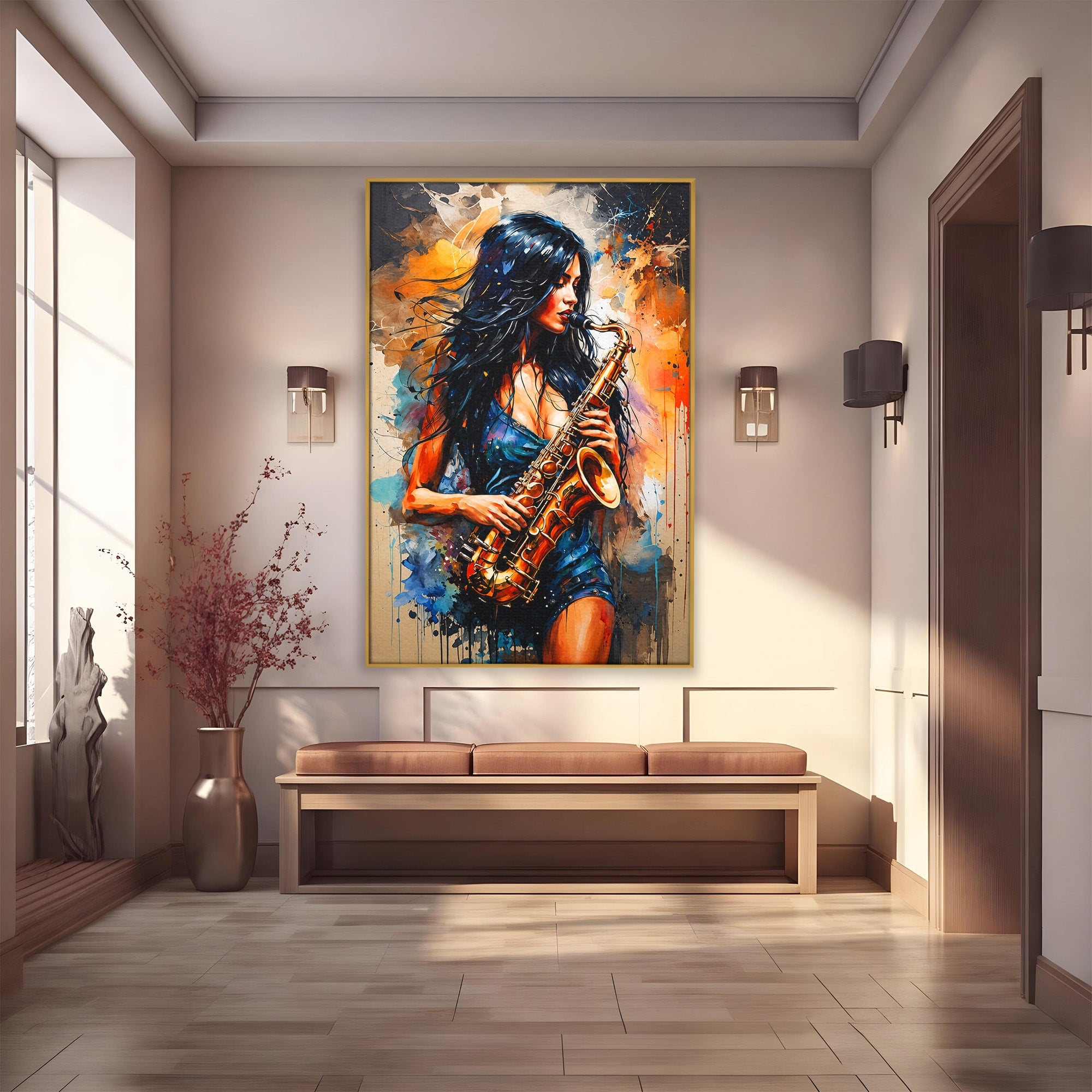 Tablou Canvas Premium LuxCanva® R1004, Saxofonista Pasionala, Saxofon, Muzica, Femeie, Living, Arta, Culori Vibrante