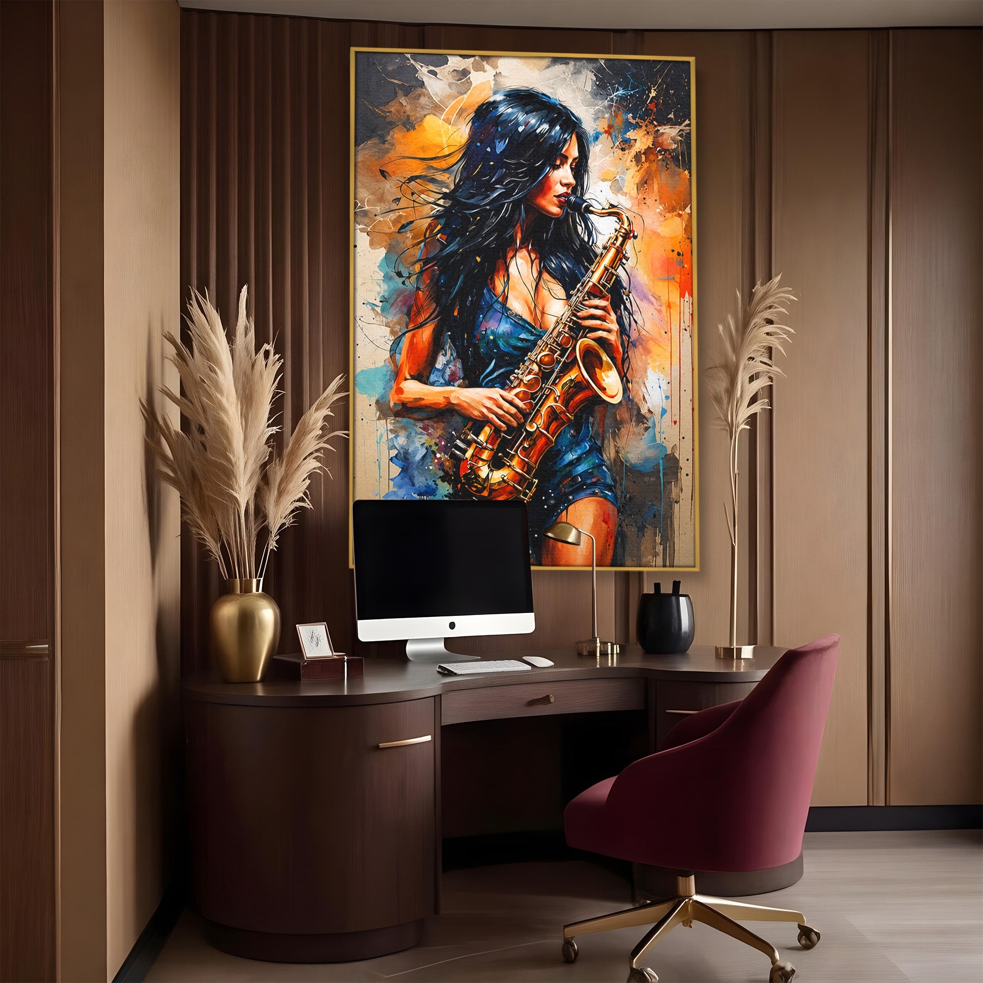 Tablou Canvas Premium LuxCanva® R1004, Saxofonista Pasionala, Saxofon, Muzica, Femeie, Living, Arta, Culori Vibrante