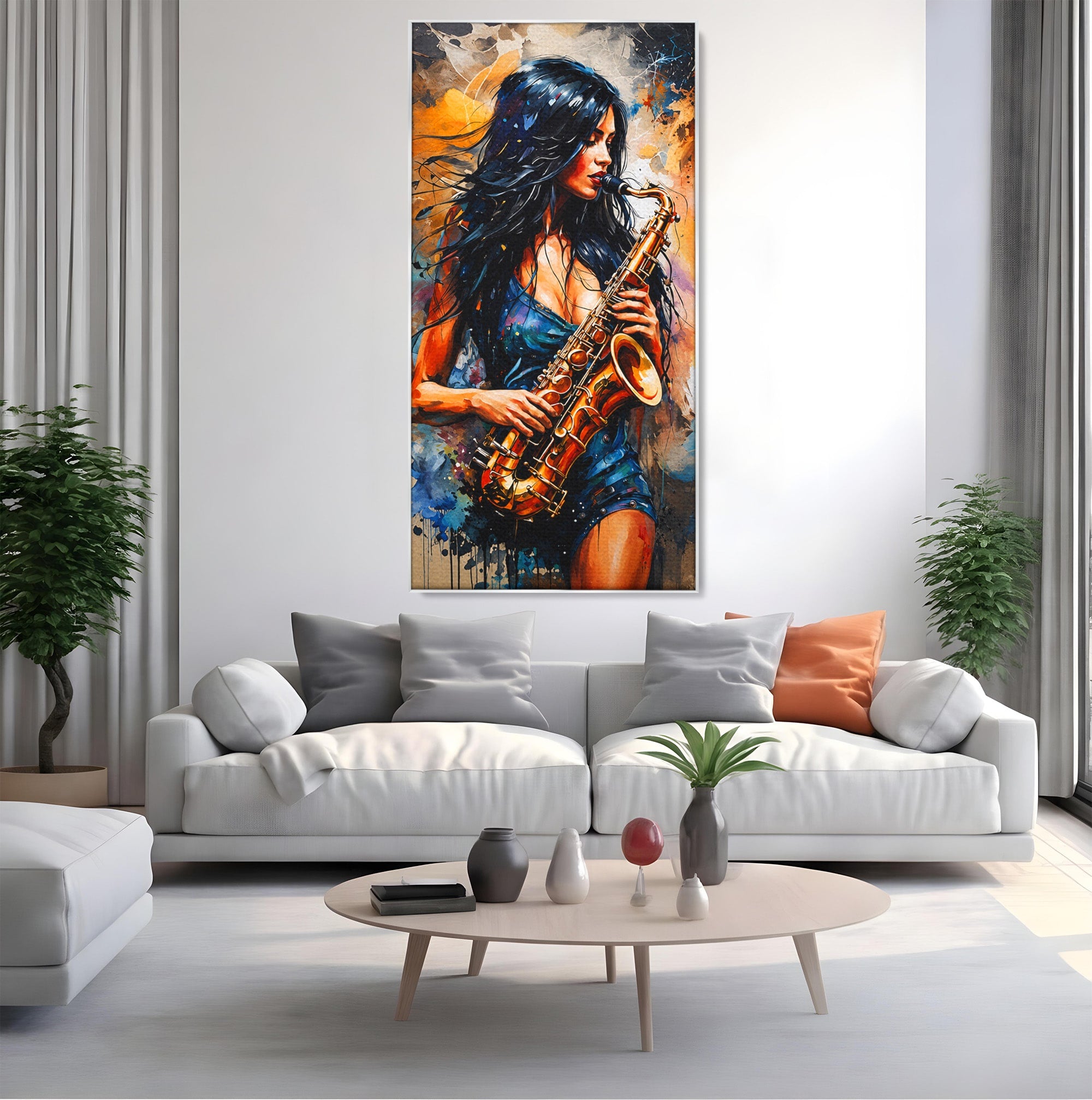 Tablou Canvas Premium LuxCanva® R1004, Saxofonista Pasionala, Saxofon, Muzica, Femeie, Living, Arta, Culori Vibrante