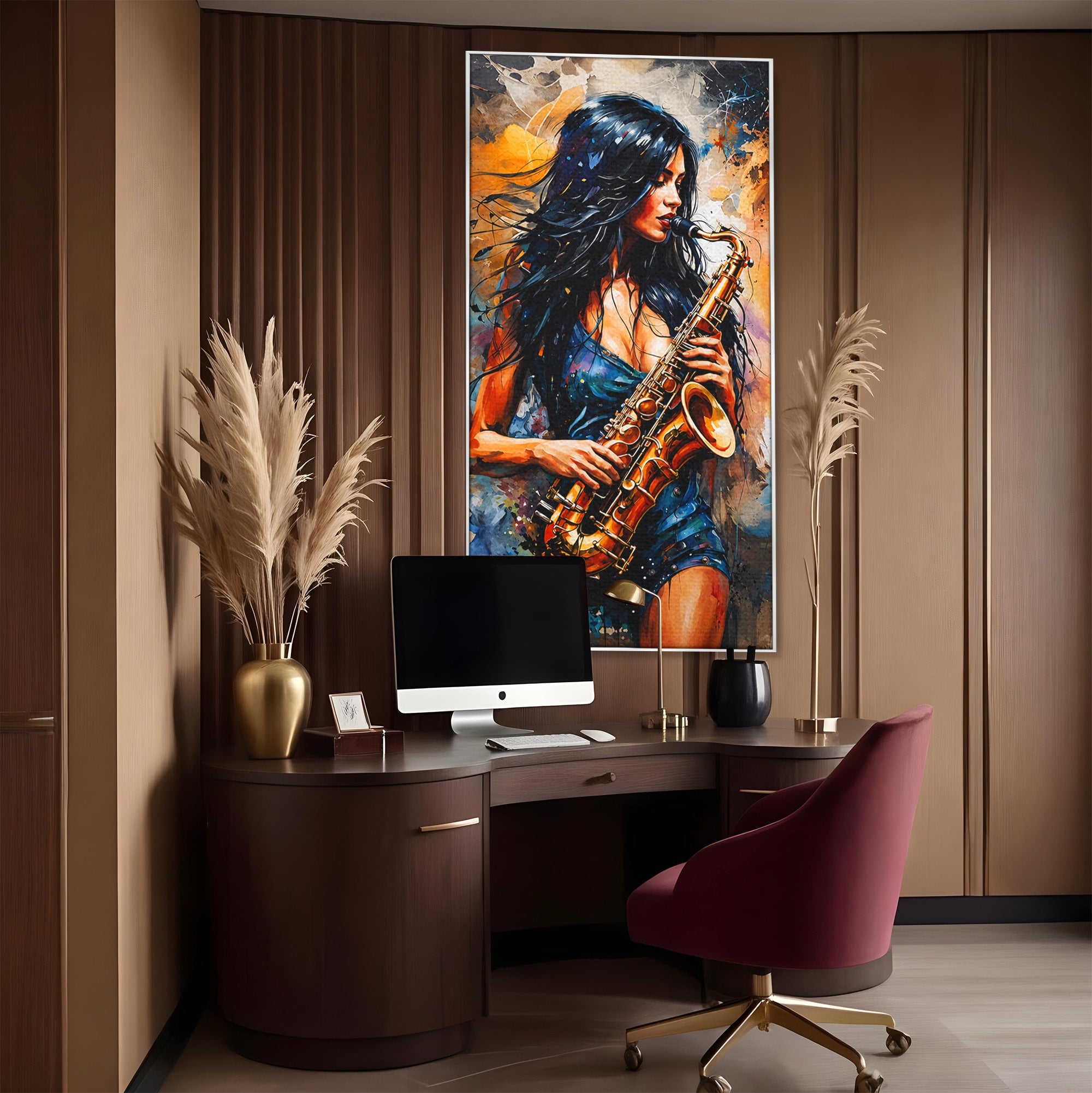 Tablou Canvas Premium LuxCanva® R1004, Saxofonista Pasionala, Saxofon, Muzica, Femeie, Living, Arta, Culori Vibrante