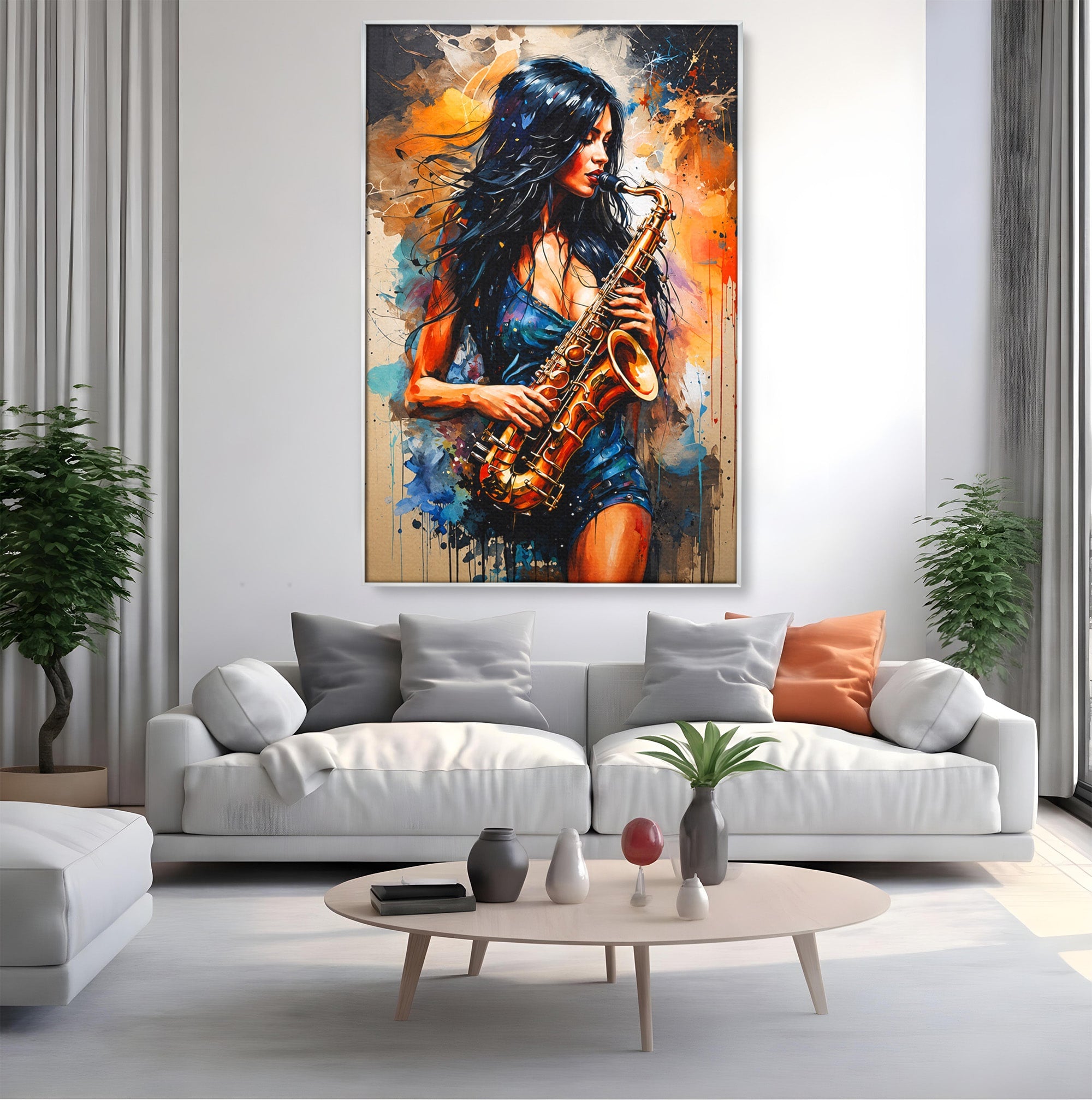 Tablou Canvas Premium LuxCanva® R1004, Saxofonista Pasionala, Saxofon, Muzica, Femeie, Living, Arta, Culori Vibrante