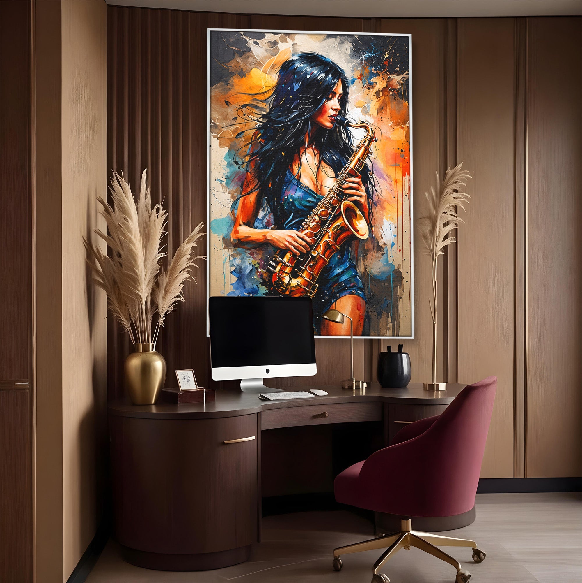 Tablou Canvas Premium LuxCanva® R1004, Saxofonista Pasionala, Saxofon, Muzica, Femeie, Living, Arta, Culori Vibrante