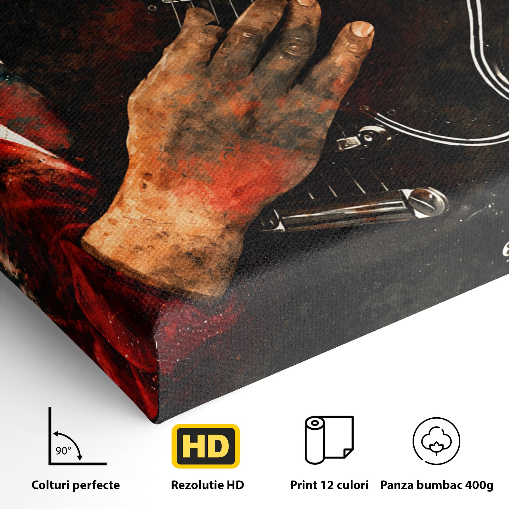 Tablou Canvas Premium LuxCanva® R1010, Chitara Electrica In Actiune, Chitara, Muzica, Arta, Living, Rock, Culori Vibrante