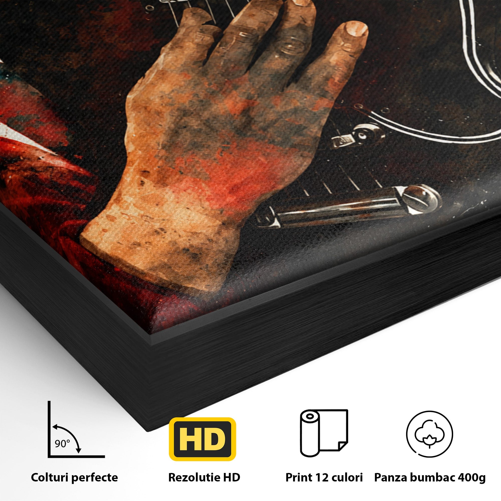 Tablou Canvas Premium LuxCanva® R1010, Chitara Electrica In Actiune, Chitara, Muzica, Arta, Living, Rock, Culori Vibrante