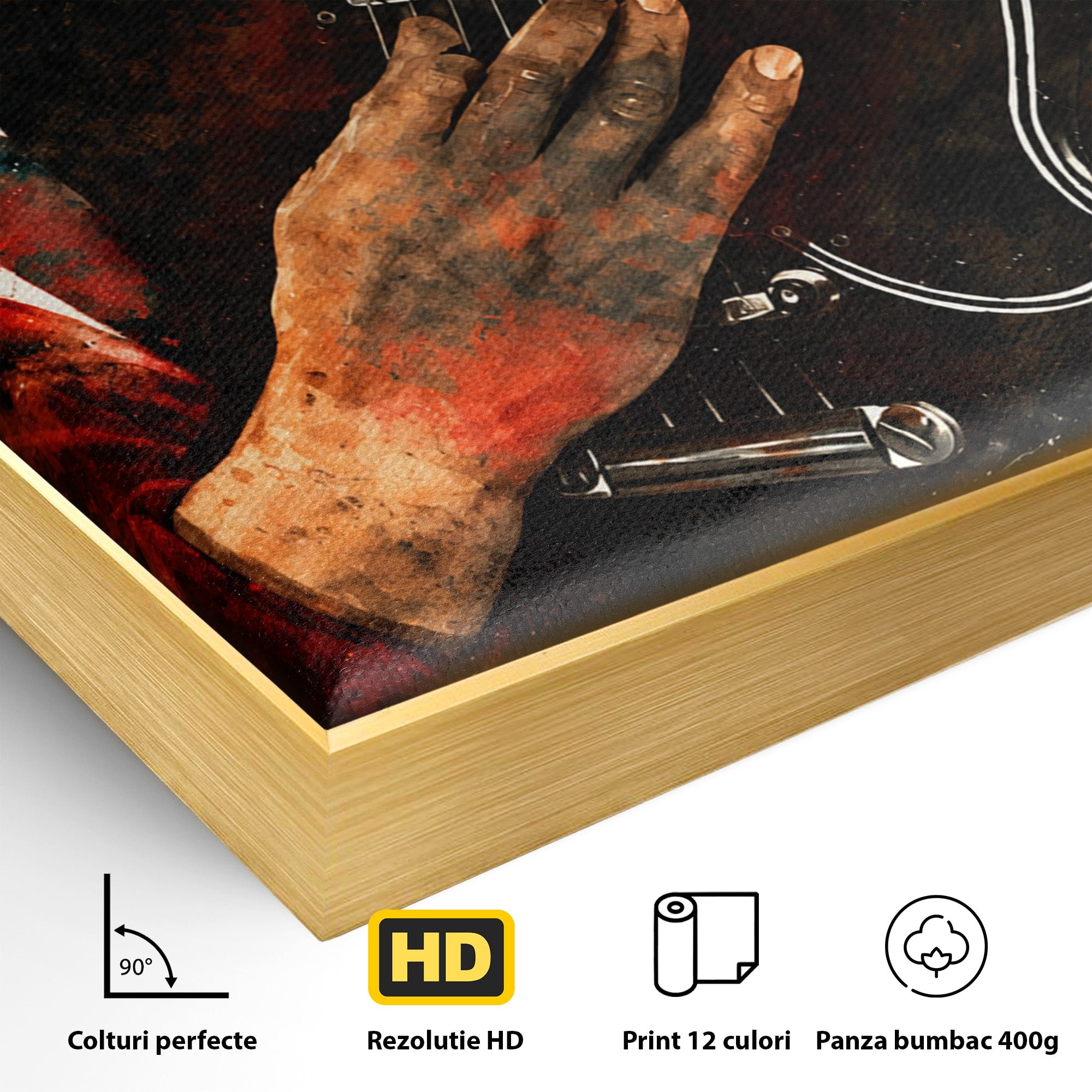 Tablou Canvas Premium LuxCanva® R1010, Chitara Electrica In Actiune, Chitara, Muzica, Arta, Living, Rock, Culori Vibrante