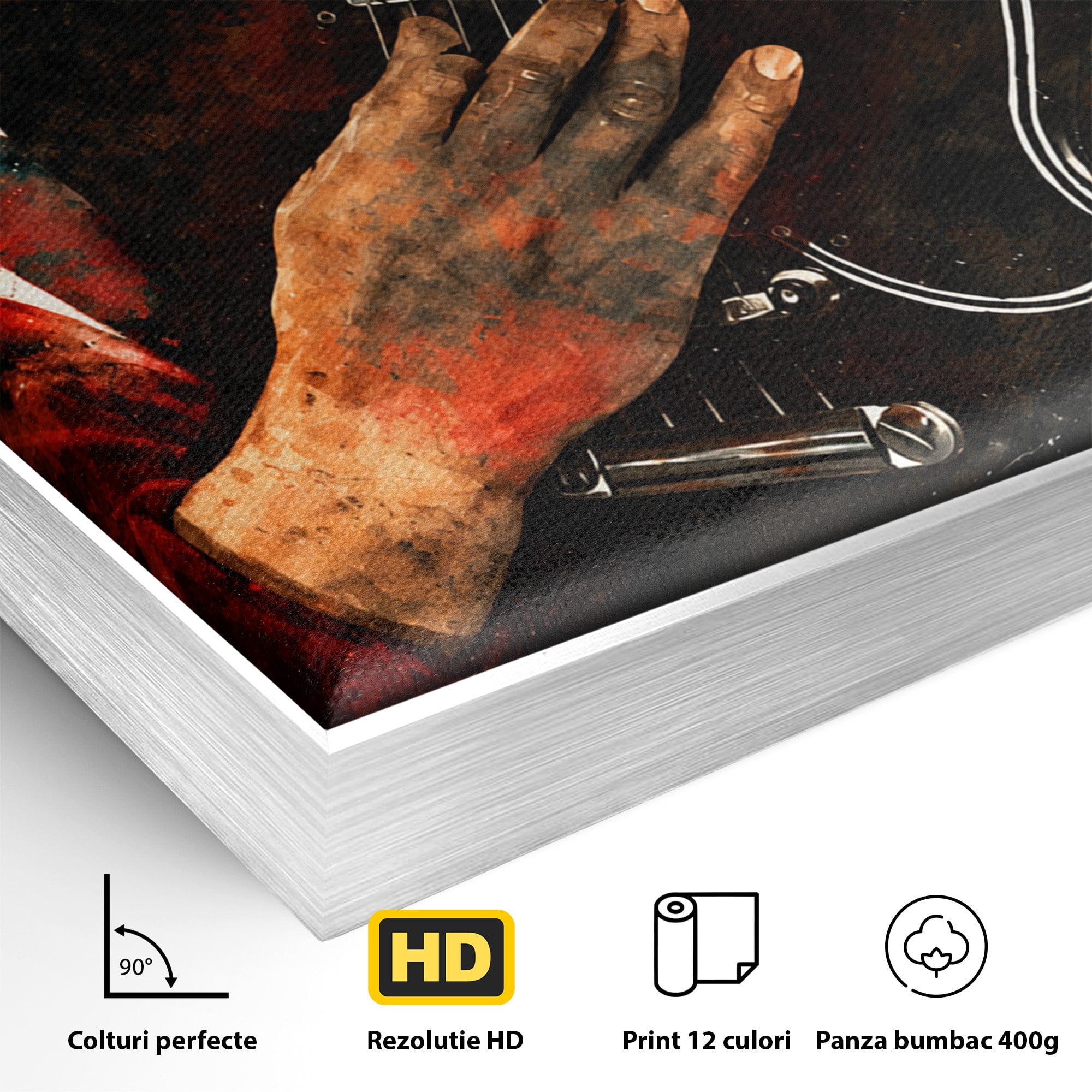 Tablou Canvas Premium LuxCanva® R1010, Chitara Electrica In Actiune, Chitara, Muzica, Arta, Living, Rock, Culori Vibrante