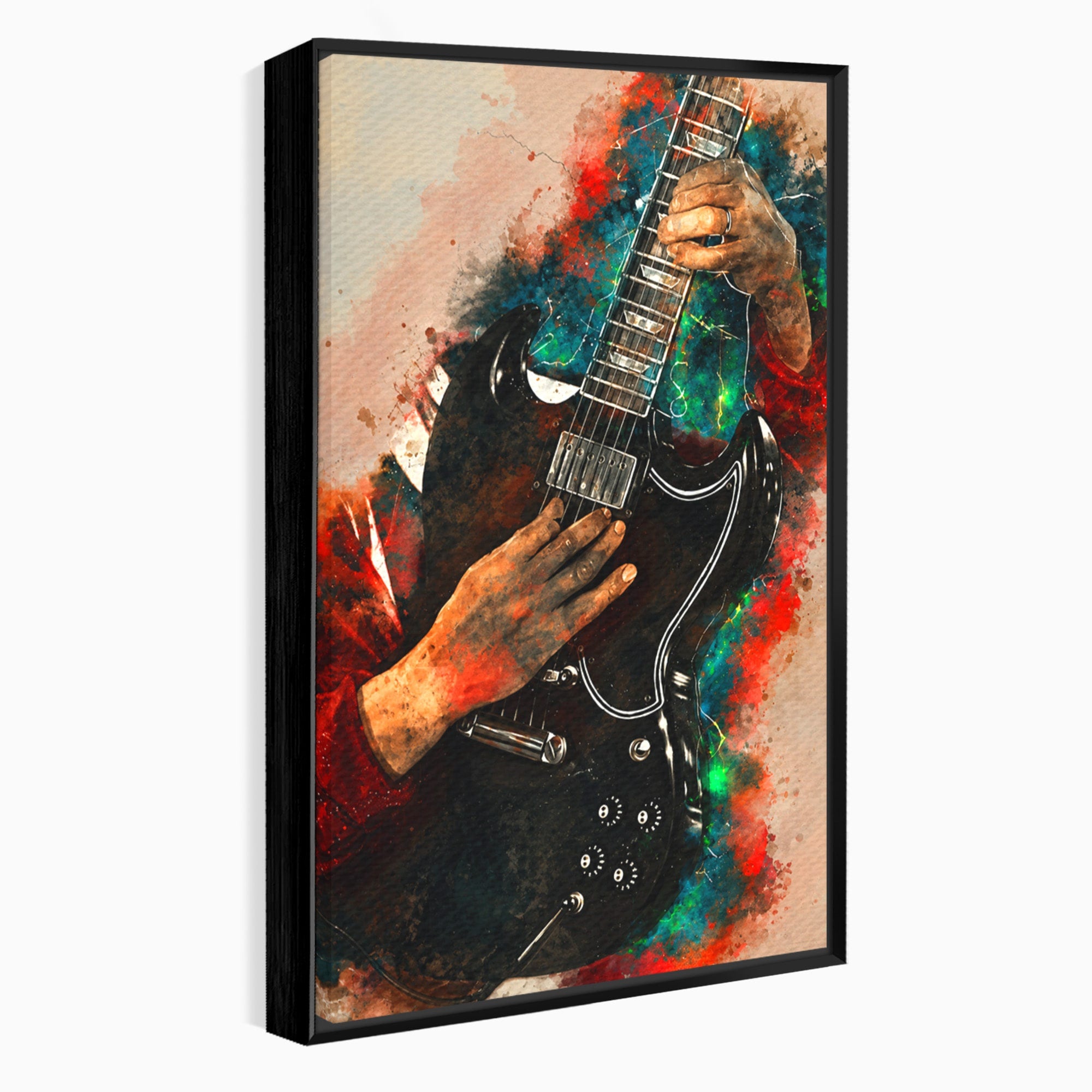 Tablou Canvas Premium LuxCanva® R1010, Chitara Electrica In Actiune, Chitara, Muzica, Arta, Living, Rock, Culori Vibrante