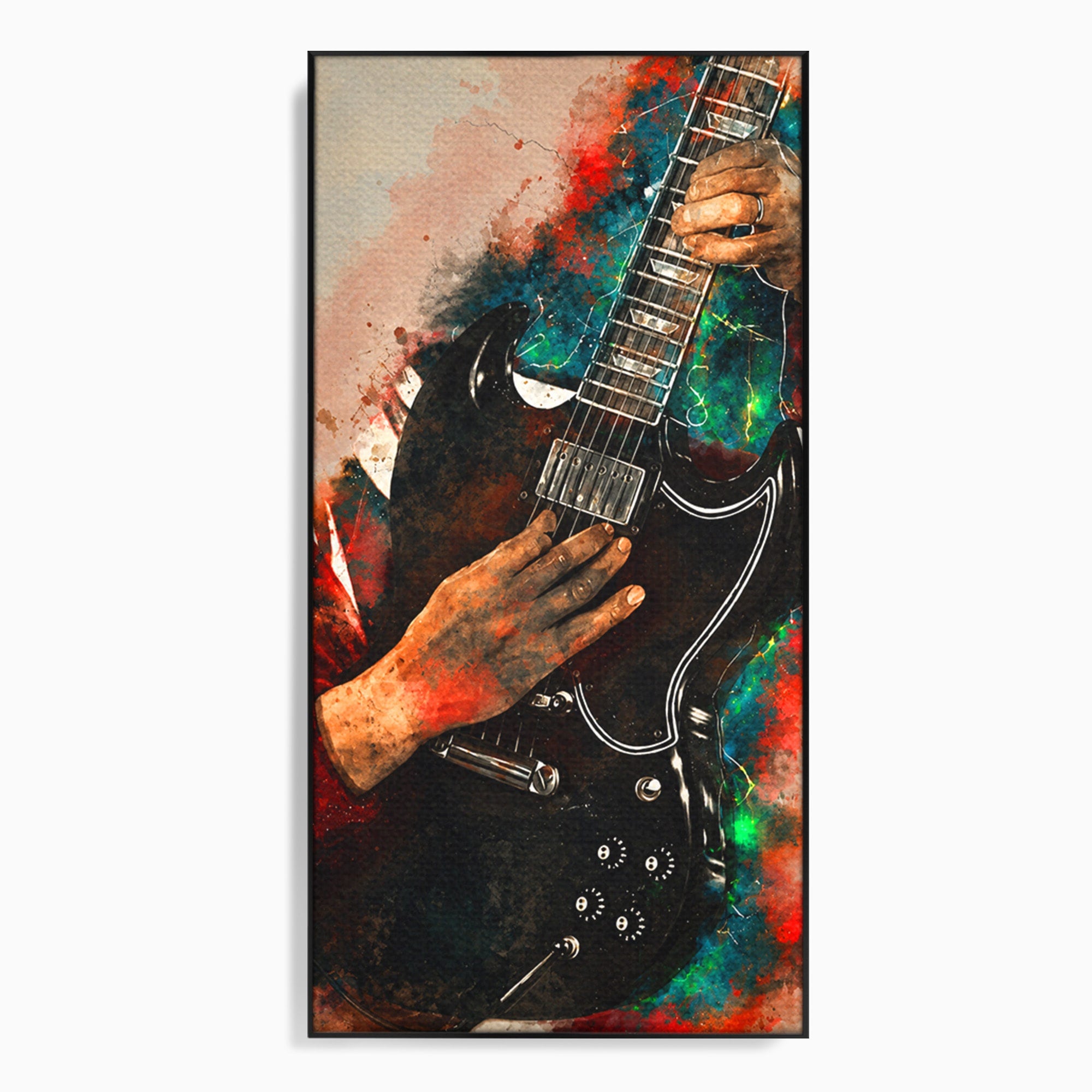 Tablou Canvas Premium LuxCanva® R1010, Chitara Electrica In Actiune, Chitara, Muzica, Arta, Living, Rock, Culori Vibrante