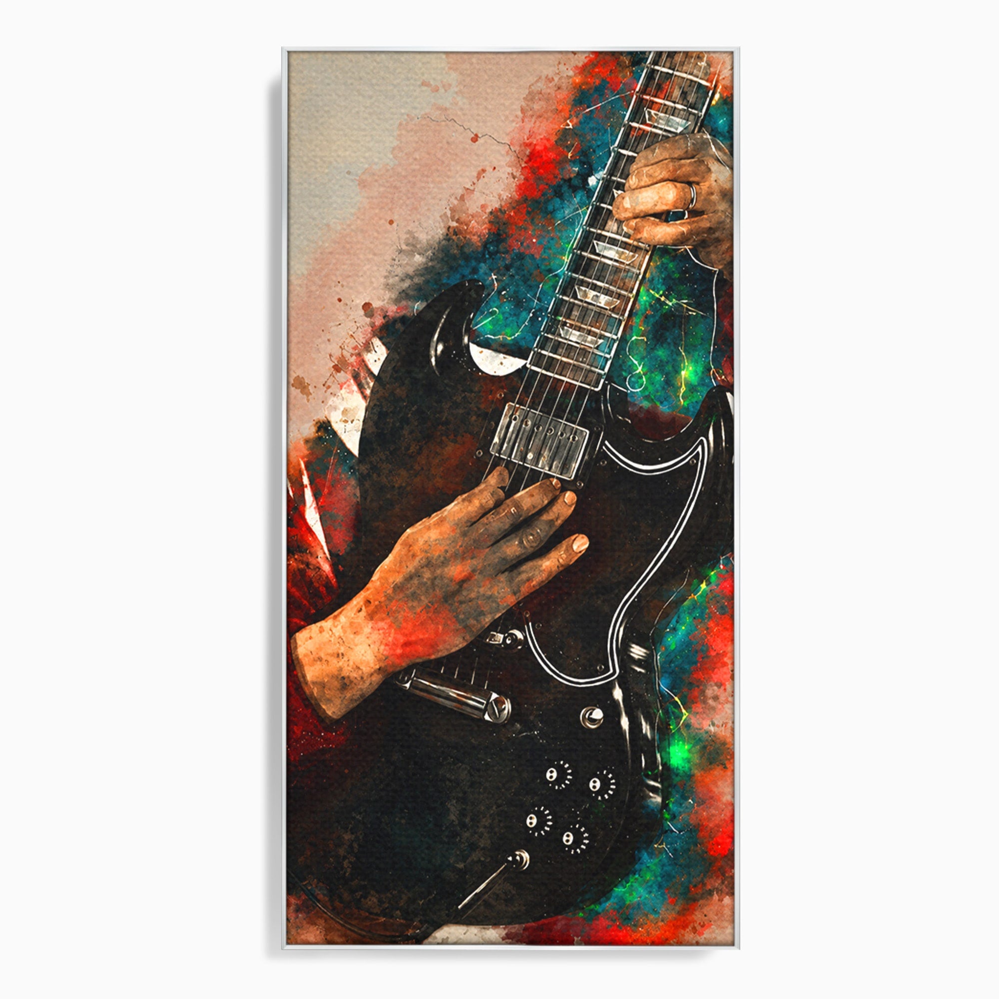 Tablou Canvas Premium LuxCanva® R1010, Chitara Electrica In Actiune, Chitara, Muzica, Arta, Living, Rock, Culori Vibrante