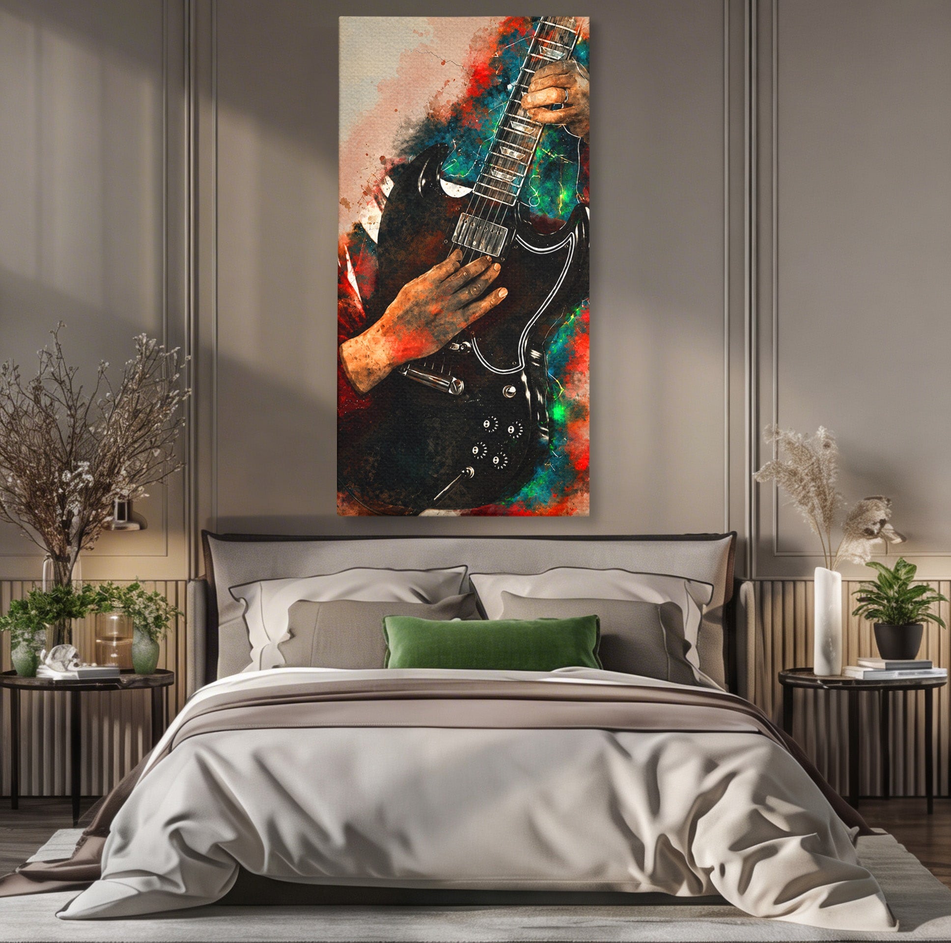 Tablou Canvas Premium LuxCanva® R1010, Chitara Electrica In Actiune, Chitara, Muzica, Arta, Living, Rock, Culori Vibrante