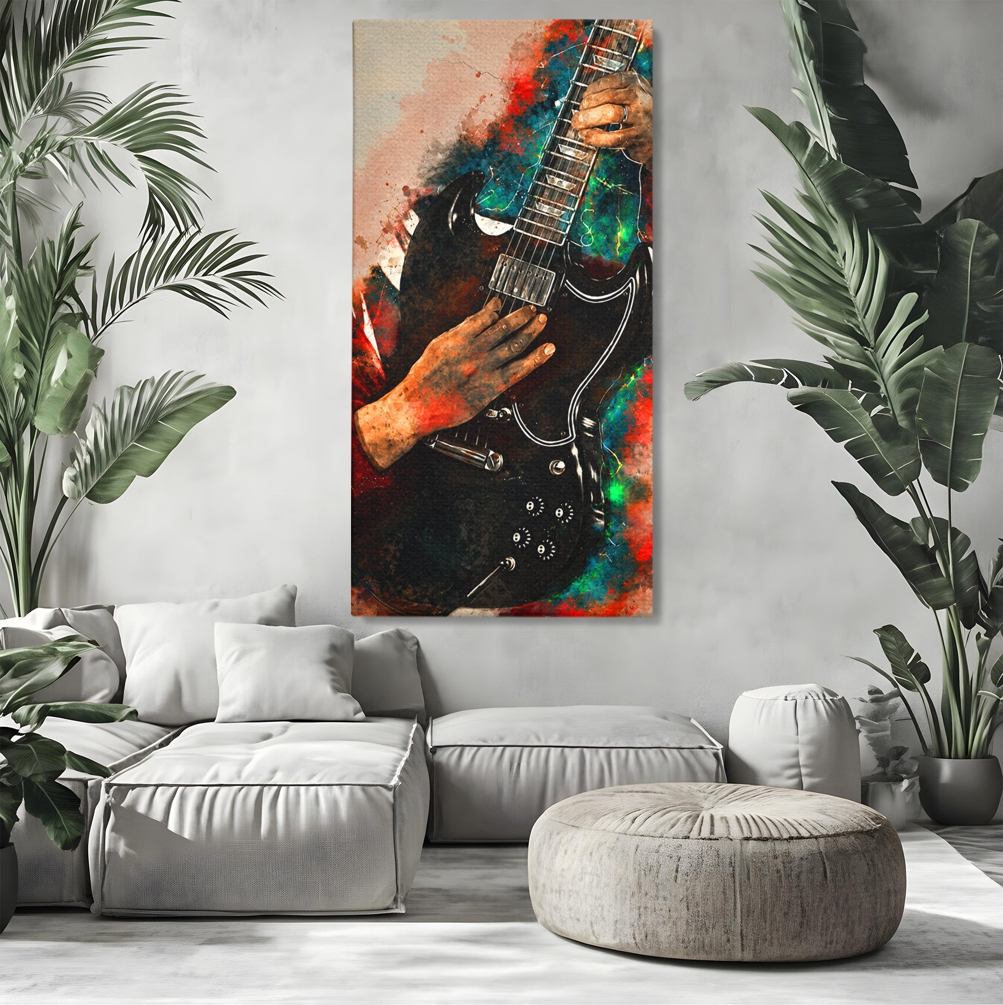 Tablou Canvas Premium LuxCanva® R1010, Chitara Electrica In Actiune, Chitara, Muzica, Arta, Living, Rock, Culori Vibrante