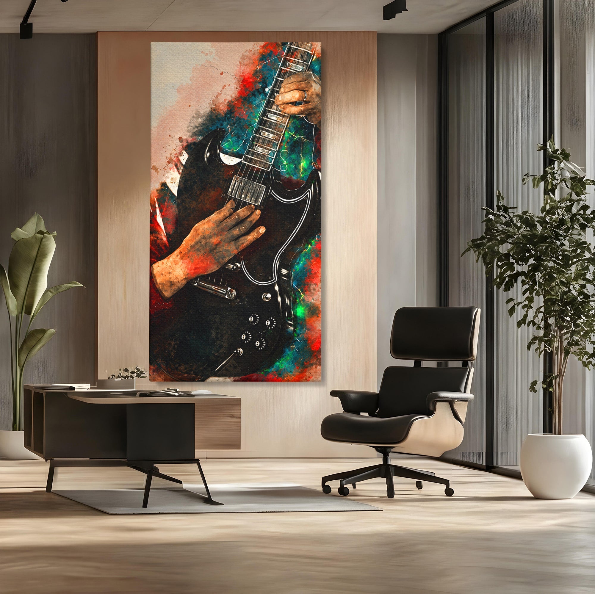 Tablou Canvas Premium LuxCanva® R1010, Chitara Electrica In Actiune, Chitara, Muzica, Arta, Living, Rock, Culori Vibrante