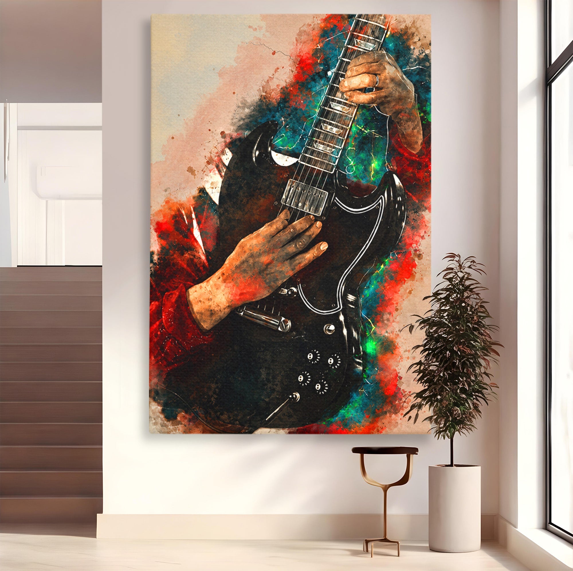 Tablou Canvas Premium LuxCanva® R1010, Chitara Electrica In Actiune, Chitara, Muzica, Arta, Living, Rock, Culori Vibrante