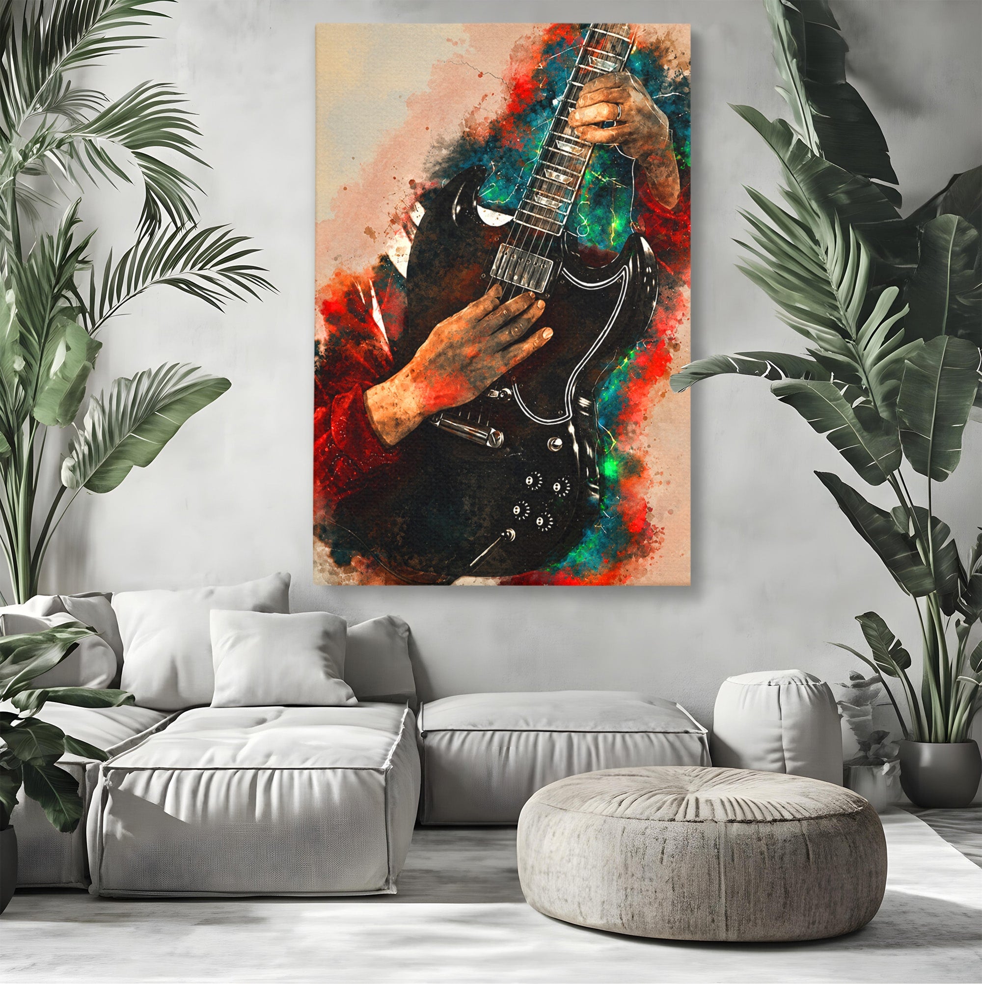 Tablou Canvas Premium LuxCanva® R1010, Chitara Electrica In Actiune, Chitara, Muzica, Arta, Living, Rock, Culori Vibrante