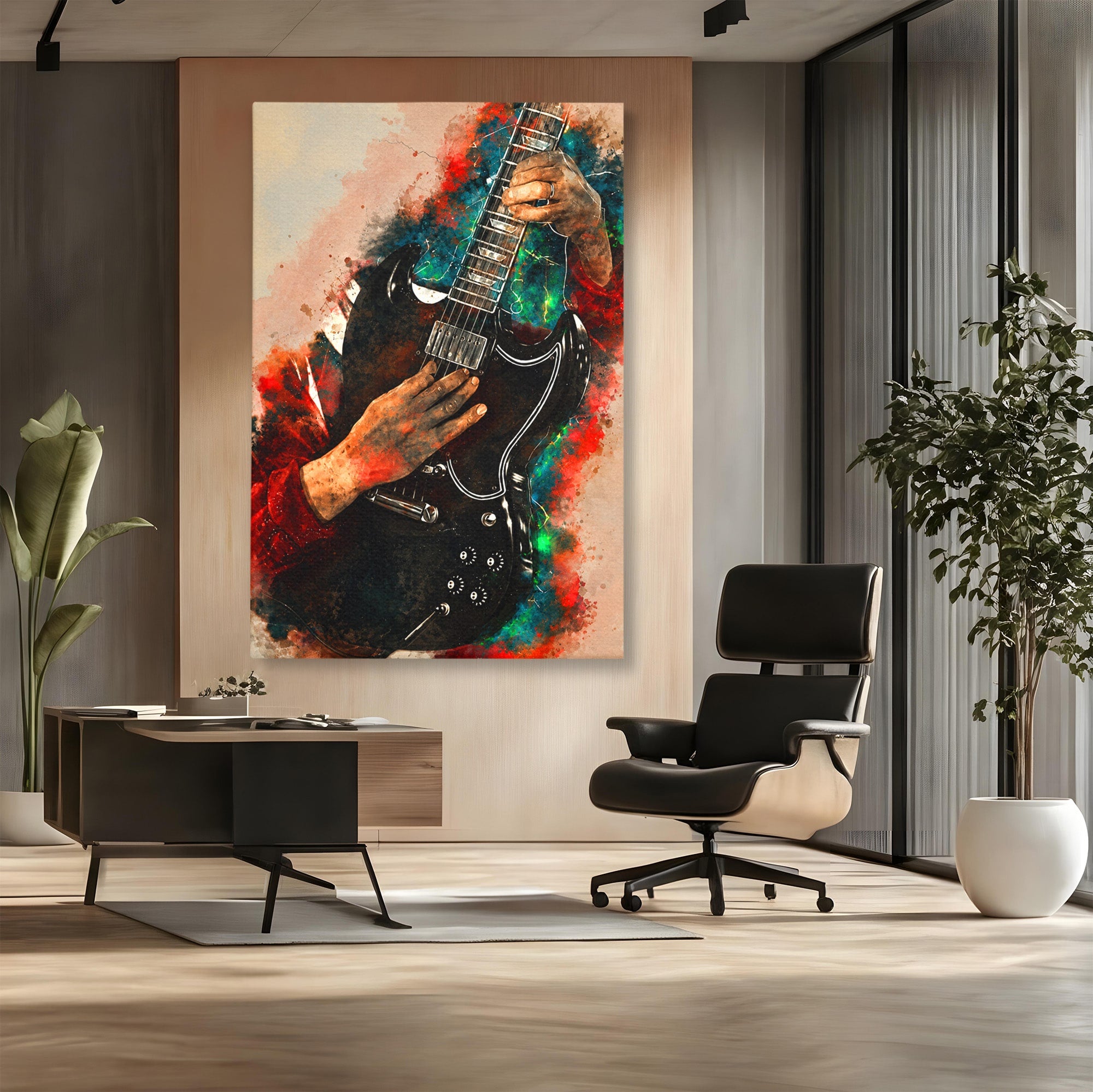 Tablou Canvas Premium LuxCanva® R1010, Chitara Electrica In Actiune, Chitara, Muzica, Arta, Living, Rock, Culori Vibrante