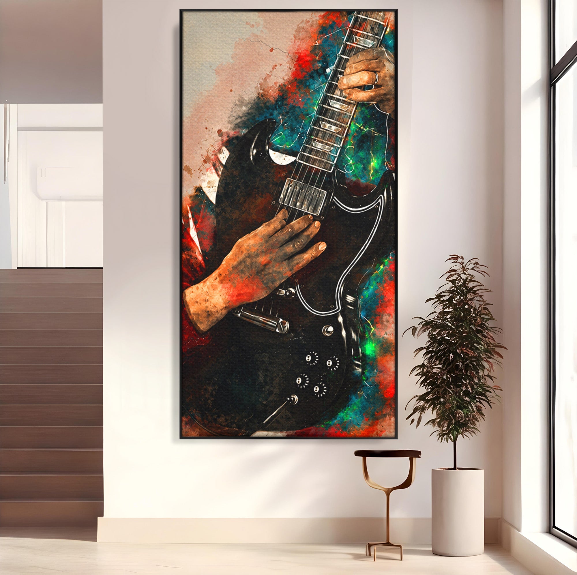 Tablou Canvas Premium LuxCanva® R1010, Chitara Electrica In Actiune, Chitara, Muzica, Arta, Living, Rock, Culori Vibrante