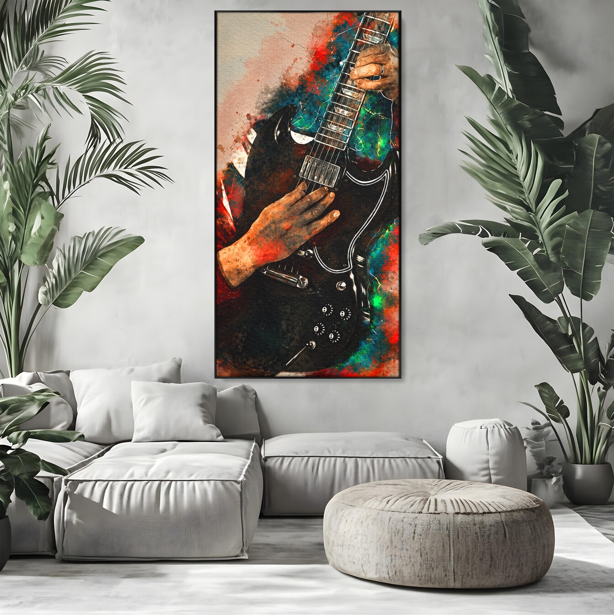 Tablou Canvas Premium LuxCanva® R1010, Chitara Electrica In Actiune, Chitara, Muzica, Arta, Living, Rock, Culori Vibrante