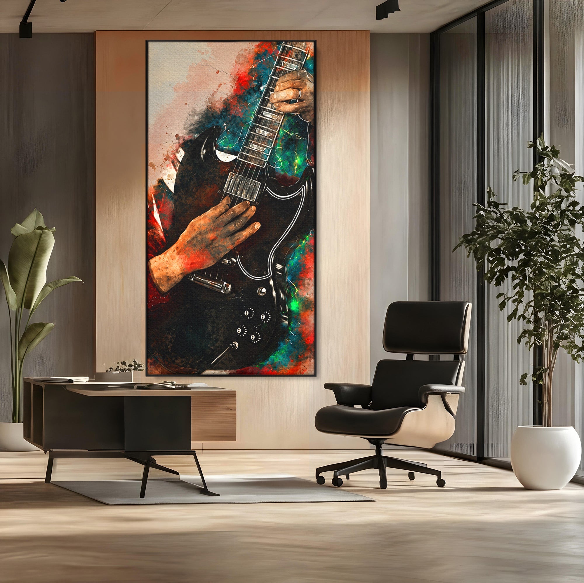 Tablou Canvas Premium LuxCanva® R1010, Chitara Electrica In Actiune, Chitara, Muzica, Arta, Living, Rock, Culori Vibrante