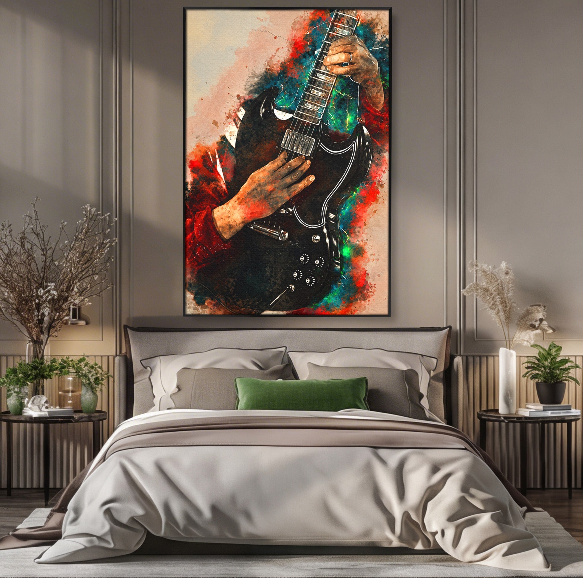 Tablou Canvas Premium LuxCanva® R1010, Chitara Electrica In Actiune, Chitara, Muzica, Arta, Living, Rock, Culori Vibrante