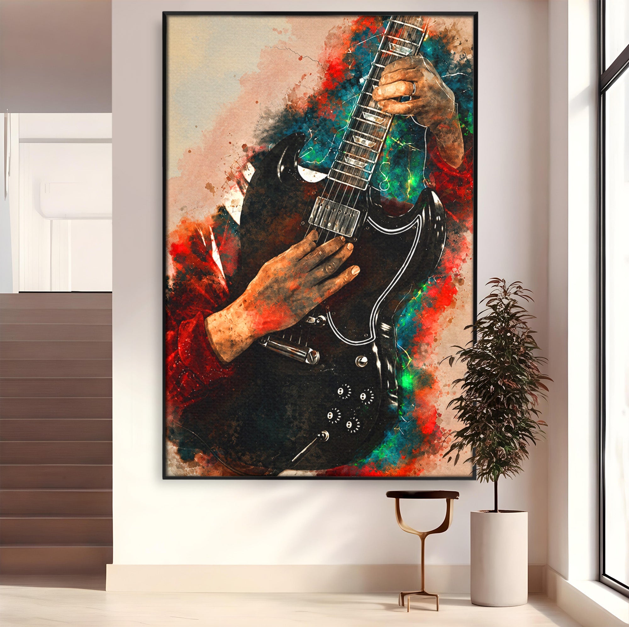 Tablou Canvas Premium LuxCanva® R1010, Chitara Electrica In Actiune, Chitara, Muzica, Arta, Living, Rock, Culori Vibrante