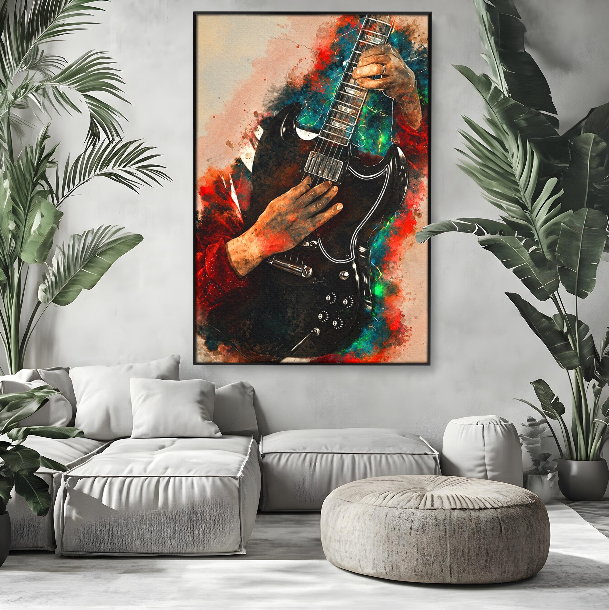 Tablou Canvas Premium LuxCanva® R1010, Chitara Electrica In Actiune, Chitara, Muzica, Arta, Living, Rock, Culori Vibrante