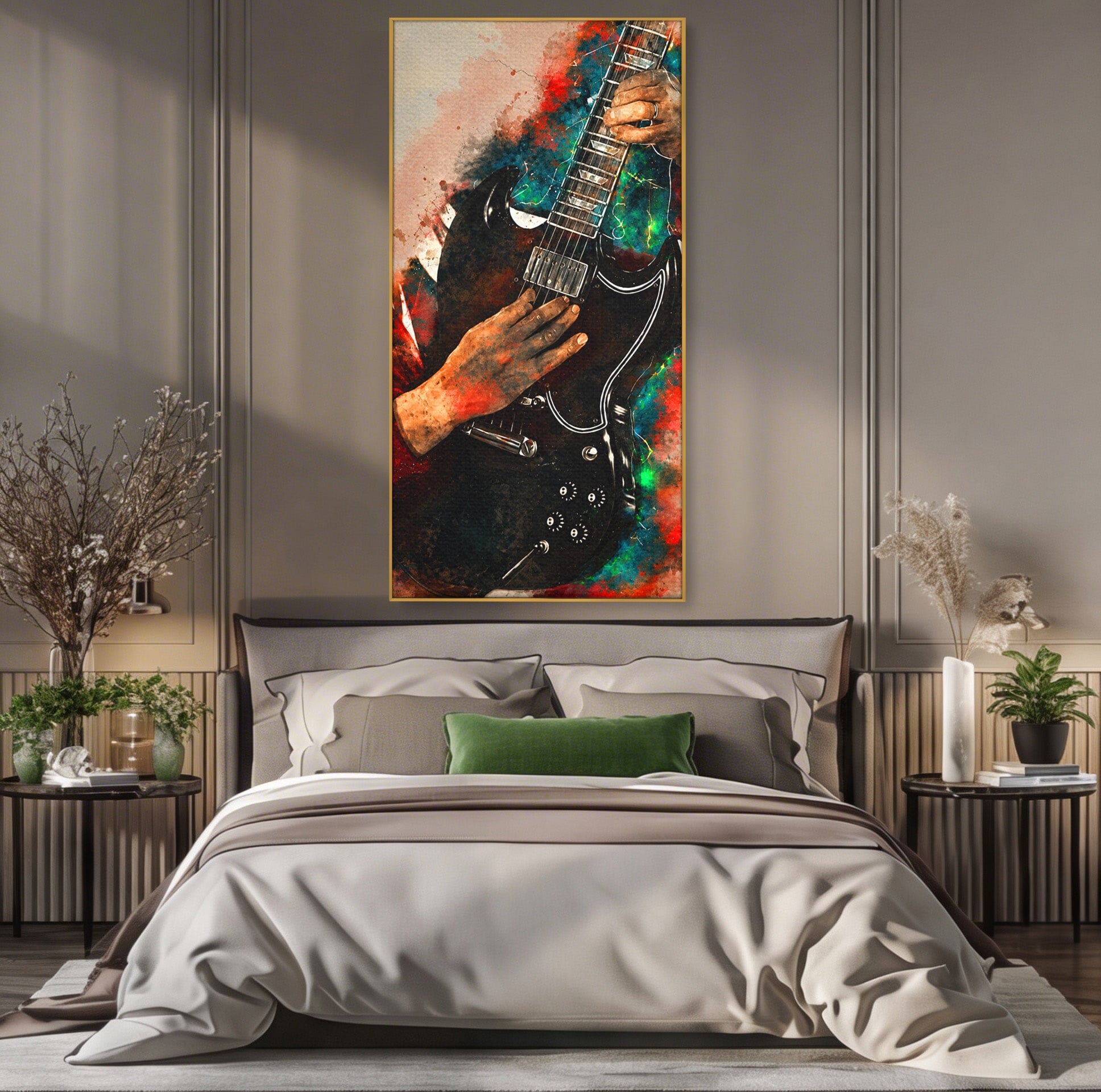 Tablou Canvas Premium LuxCanva® R1010, Chitara Electrica In Actiune, Chitara, Muzica, Arta, Living, Rock, Culori Vibrante