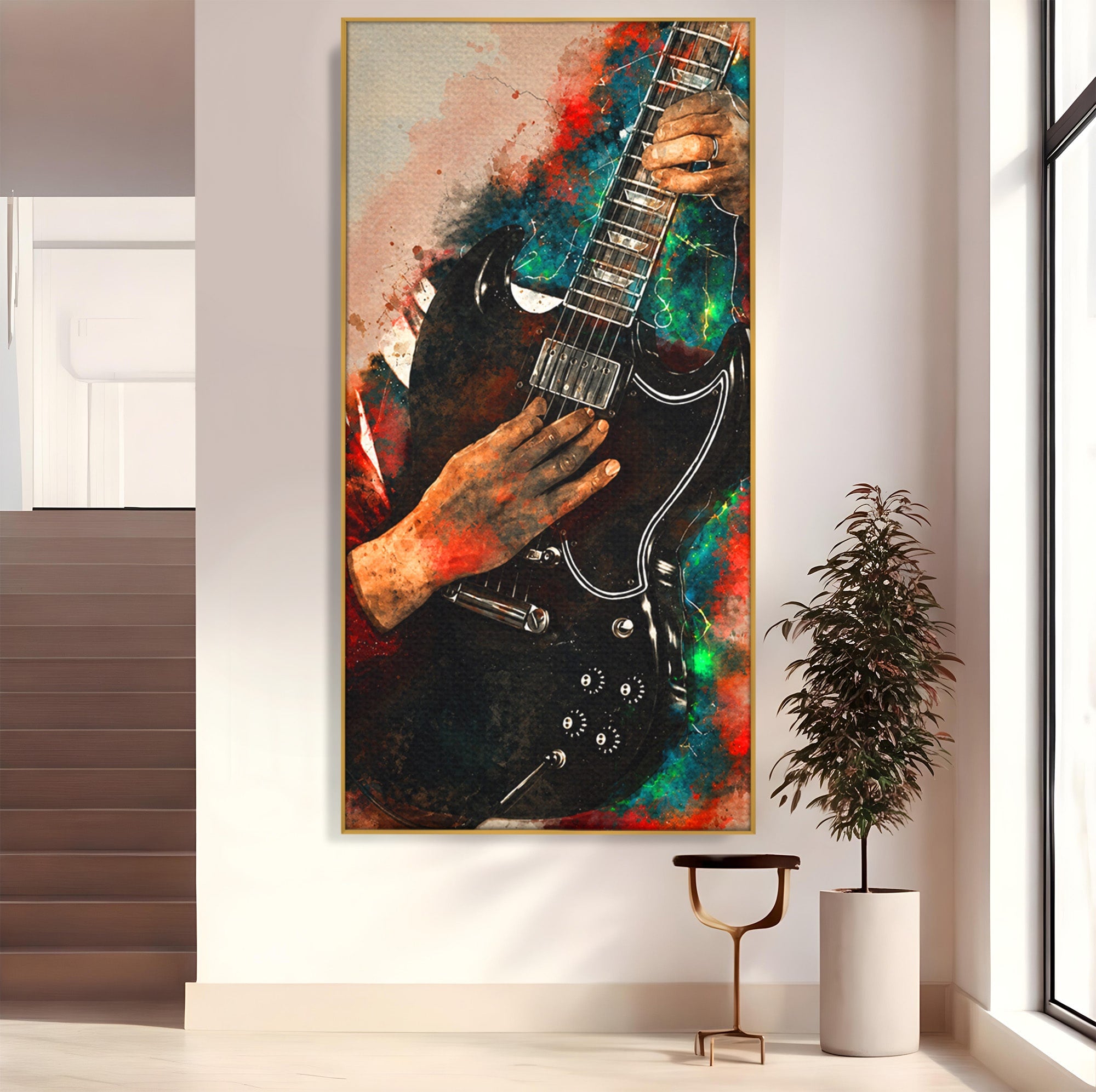 Tablou Canvas Premium LuxCanva® R1010, Chitara Electrica In Actiune, Chitara, Muzica, Arta, Living, Rock, Culori Vibrante