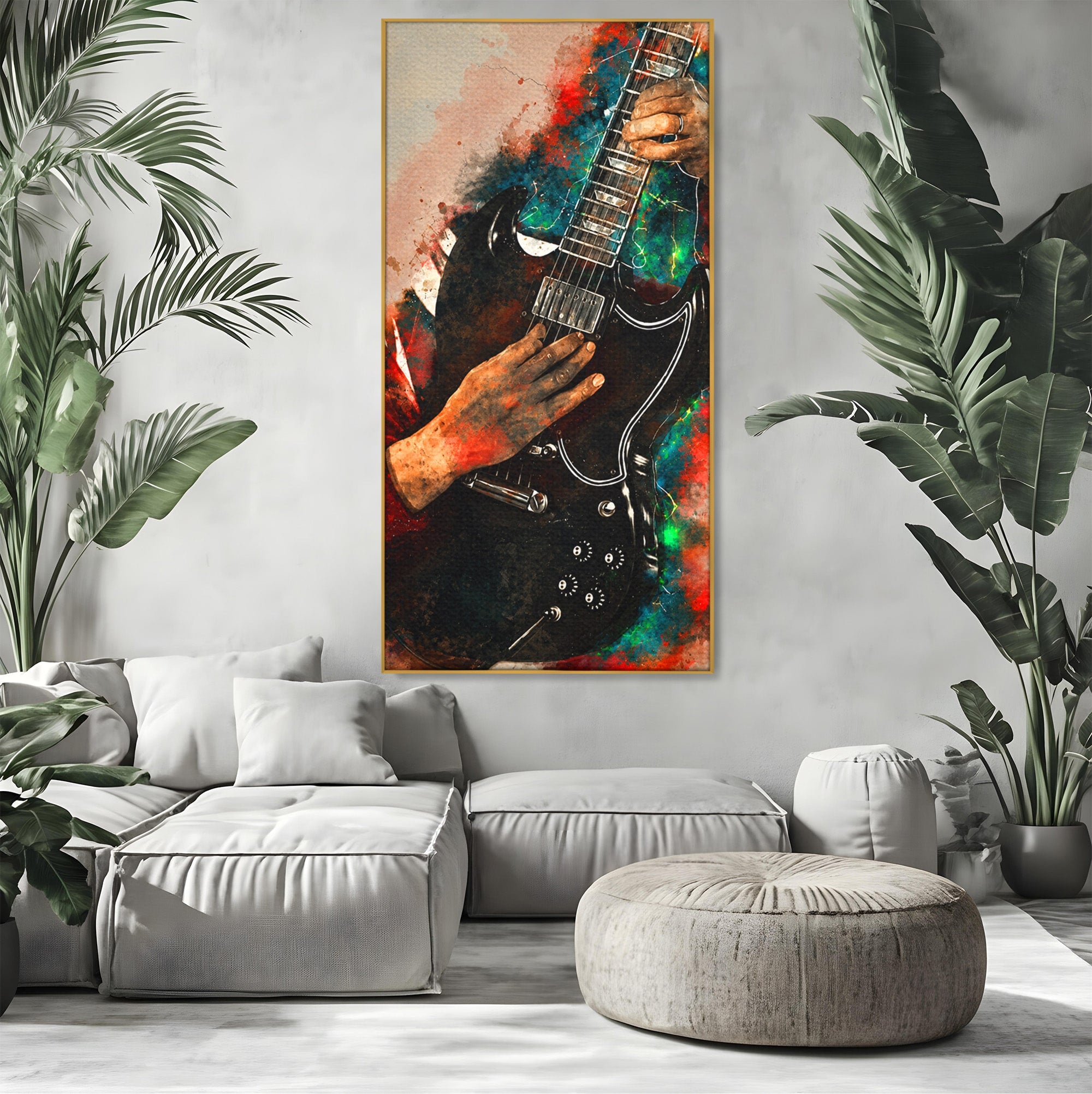 Tablou Canvas Premium LuxCanva® R1010, Chitara Electrica In Actiune, Chitara, Muzica, Arta, Living, Rock, Culori Vibrante