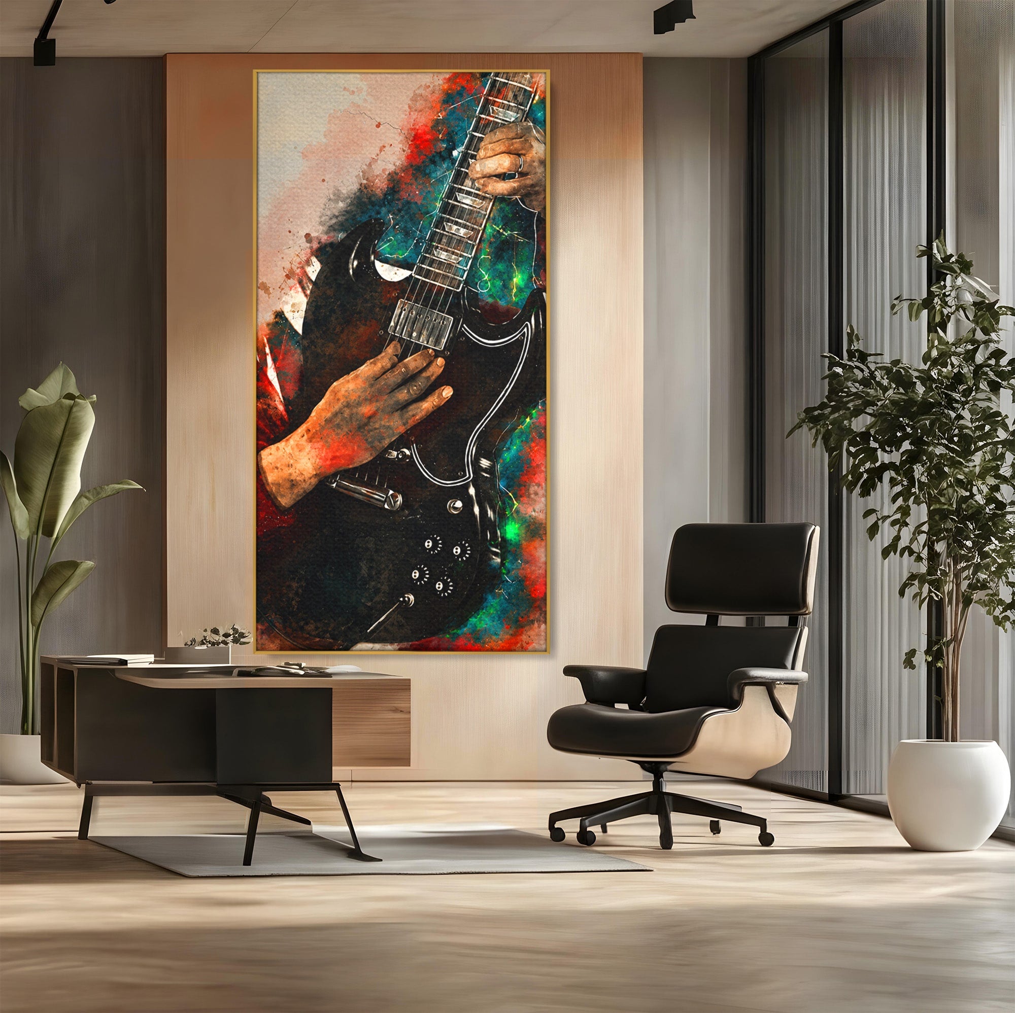 Tablou Canvas Premium LuxCanva® R1010, Chitara Electrica In Actiune, Chitara, Muzica, Arta, Living, Rock, Culori Vibrante