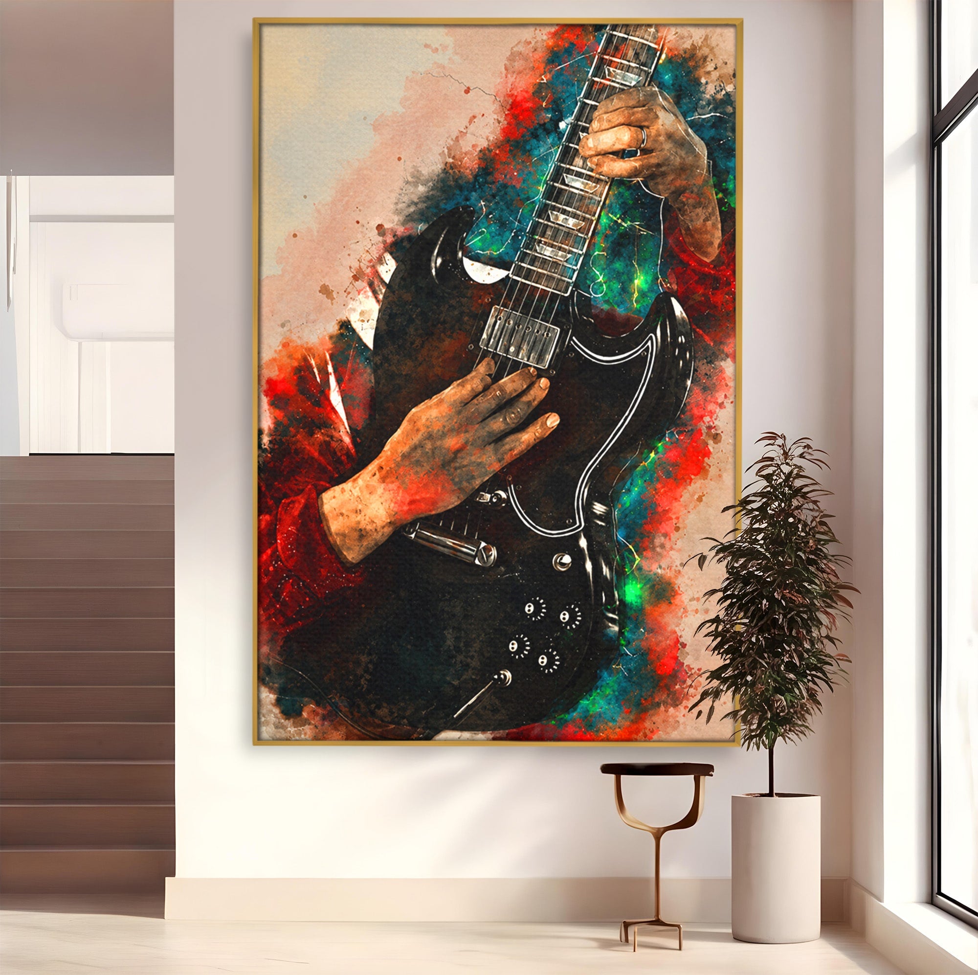 Tablou Canvas Premium LuxCanva® R1010, Chitara Electrica In Actiune, Chitara, Muzica, Arta, Living, Rock, Culori Vibrante