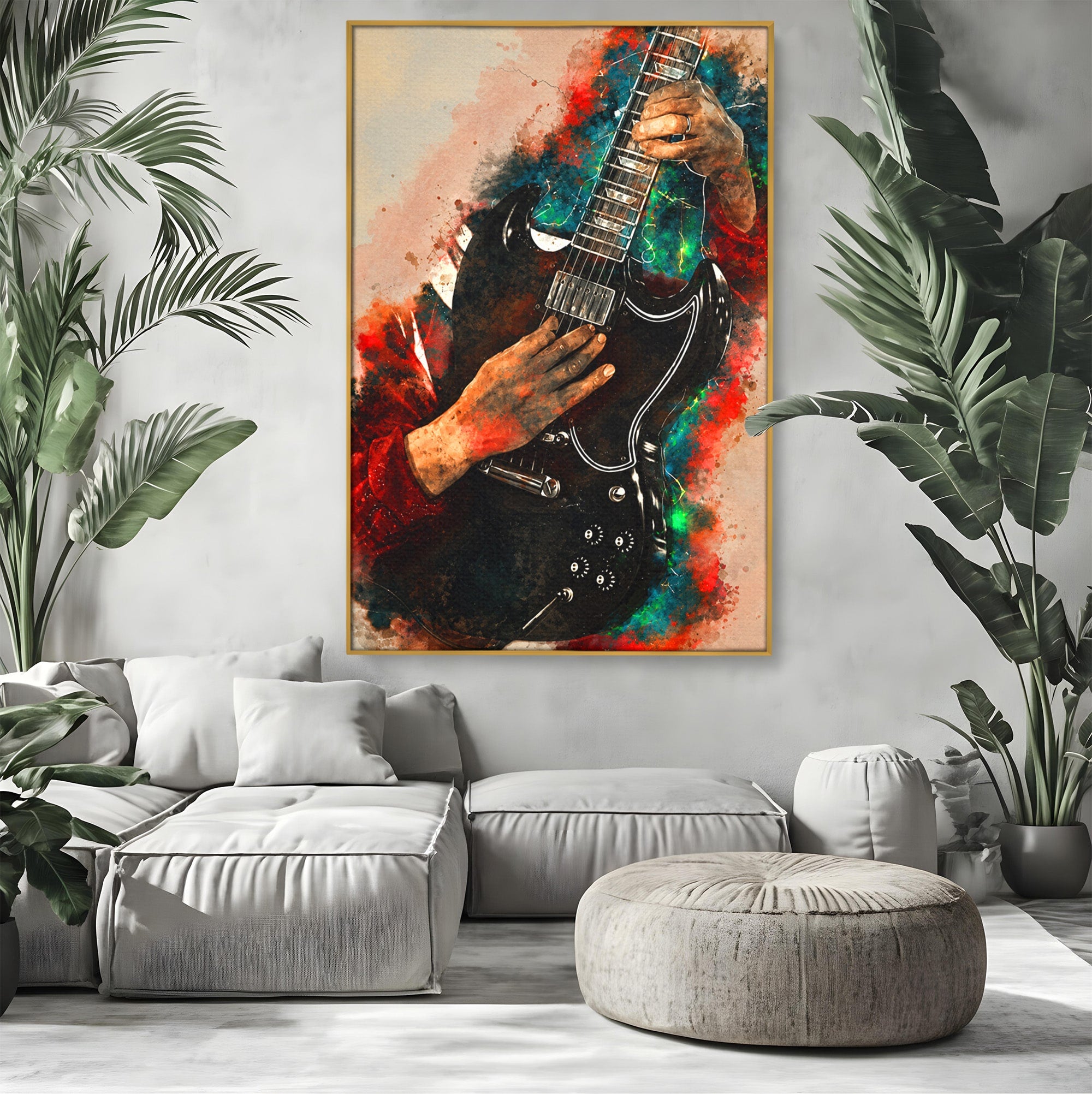 Tablou Canvas Premium LuxCanva® R1010, Chitara Electrica In Actiune, Chitara, Muzica, Arta, Living, Rock, Culori Vibrante