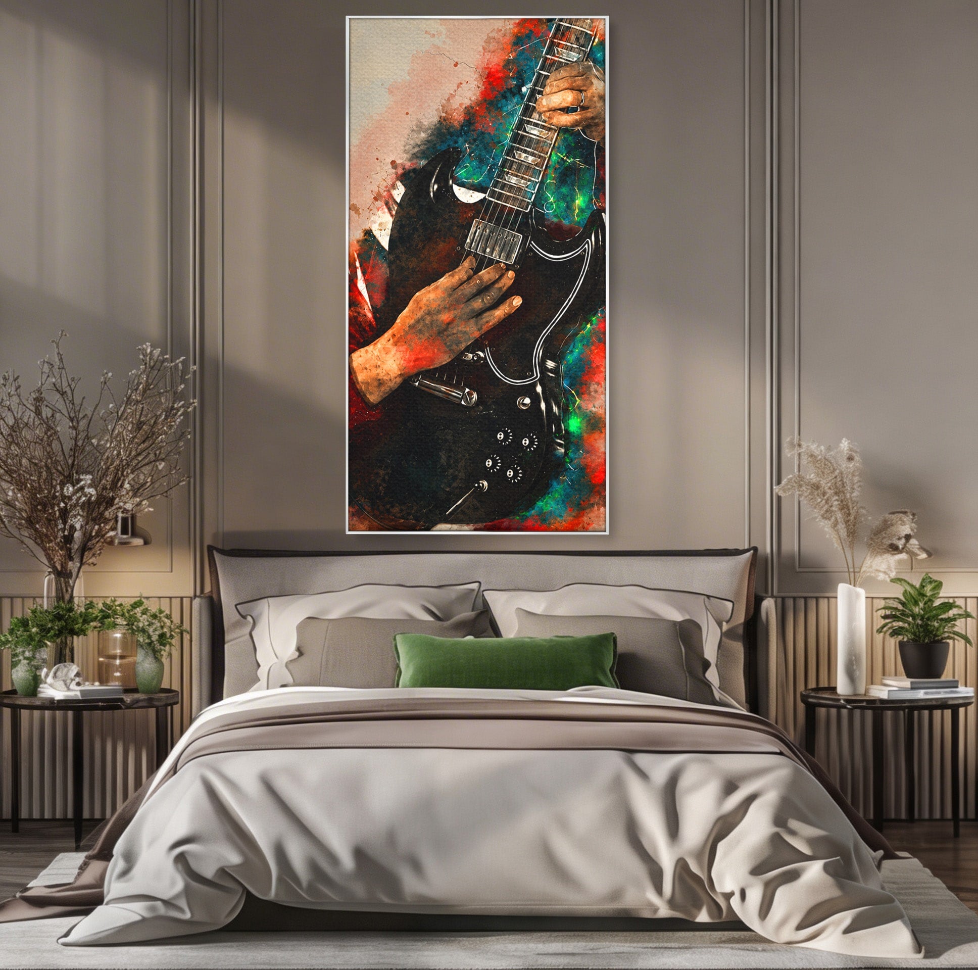 Tablou Canvas Premium LuxCanva® R1010, Chitara Electrica In Actiune, Chitara, Muzica, Arta, Living, Rock, Culori Vibrante