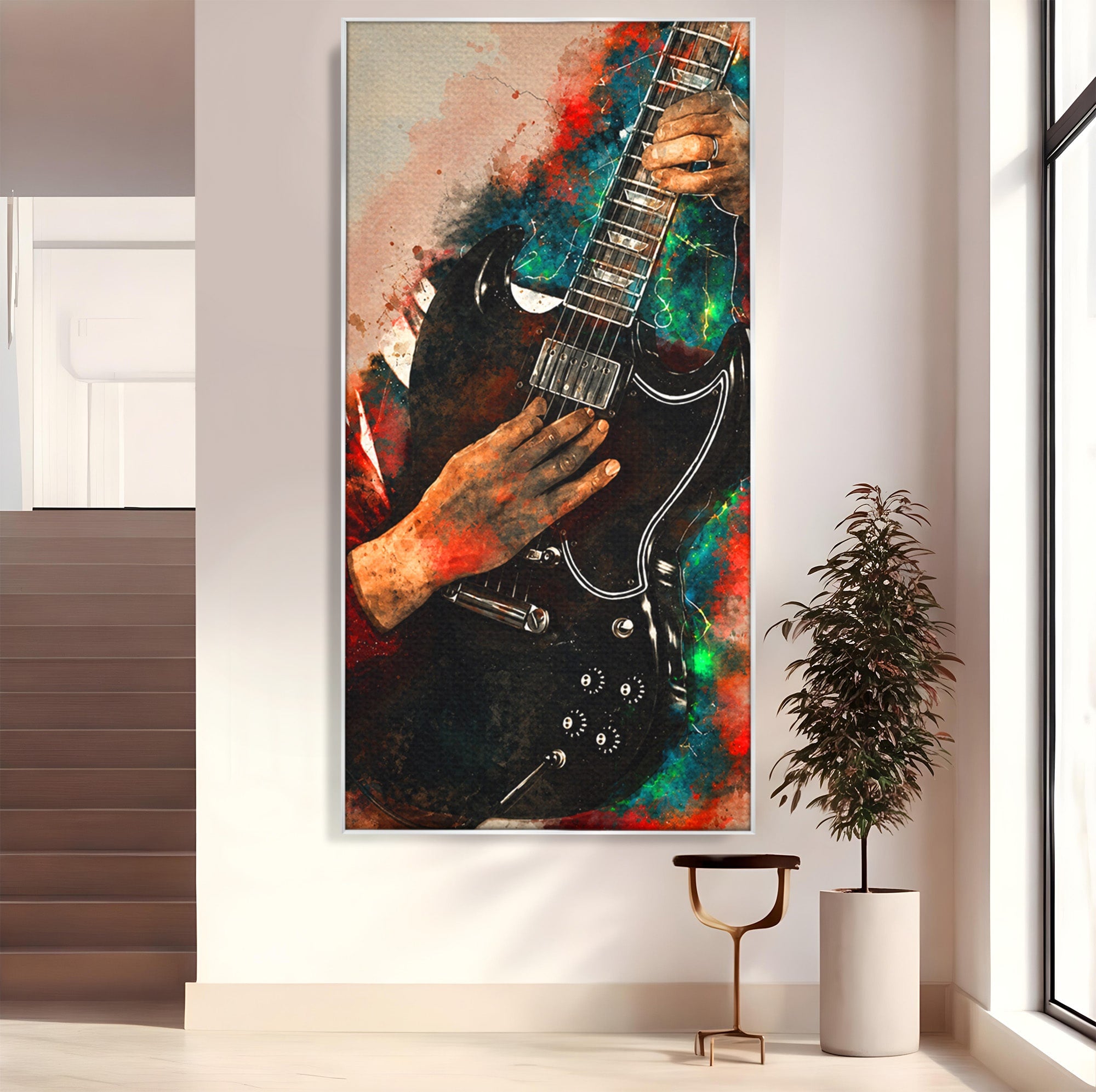 Tablou Canvas Premium LuxCanva® R1010, Chitara Electrica In Actiune, Chitara, Muzica, Arta, Living, Rock, Culori Vibrante