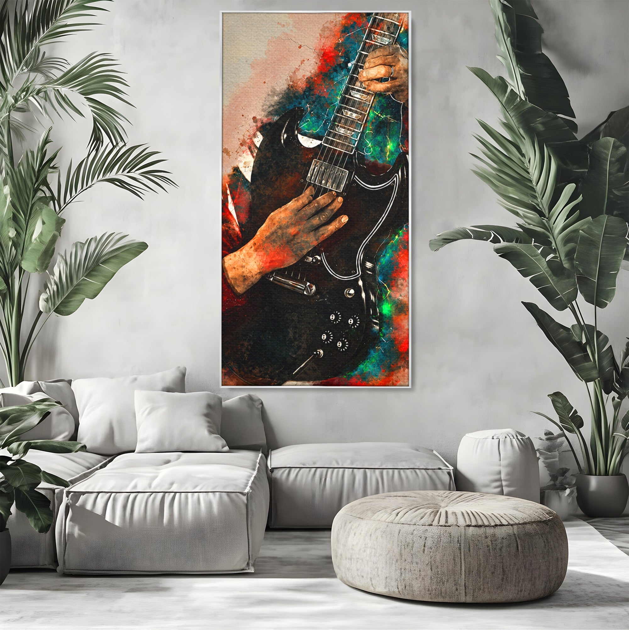 Tablou Canvas Premium LuxCanva® R1010, Chitara Electrica In Actiune, Chitara, Muzica, Arta, Living, Rock, Culori Vibrante