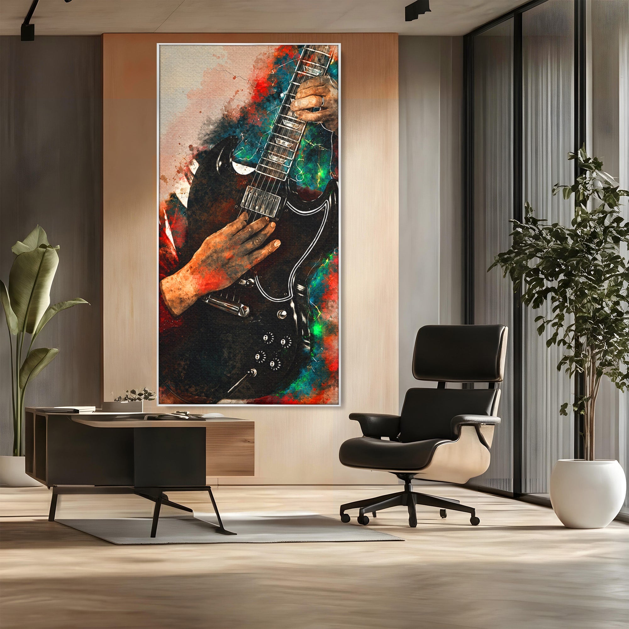 Tablou Canvas Premium LuxCanva® R1010, Chitara Electrica In Actiune, Chitara, Muzica, Arta, Living, Rock, Culori Vibrante