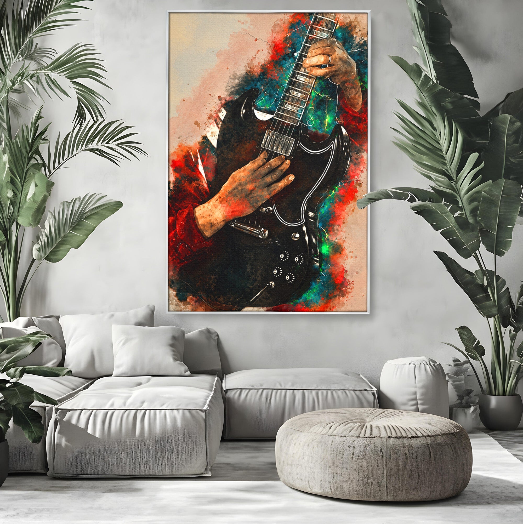 Tablou Canvas Premium LuxCanva® R1010, Chitara Electrica In Actiune, Chitara, Muzica, Arta, Living, Rock, Culori Vibrante