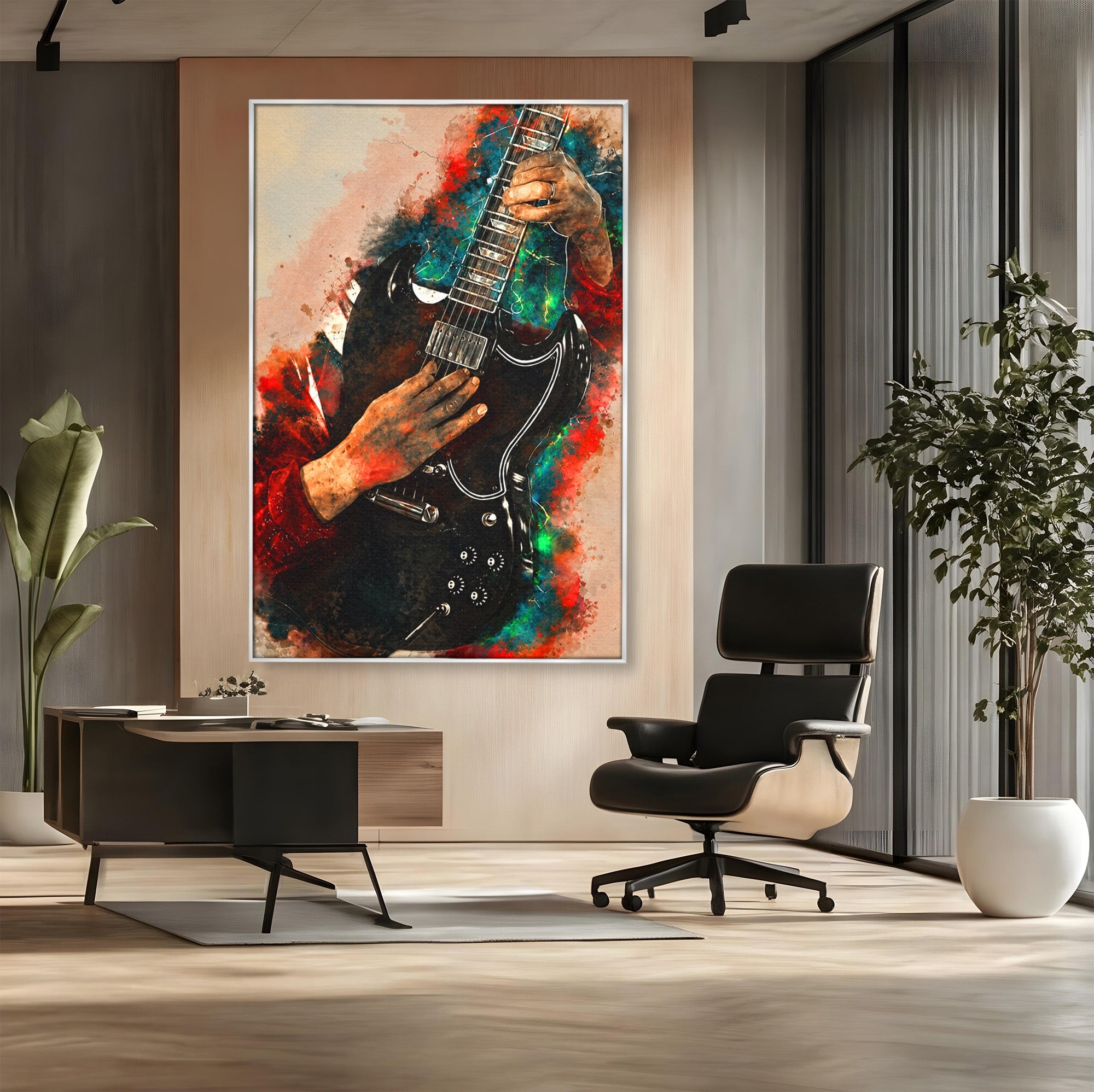 Tablou Canvas Premium LuxCanva® R1010, Chitara Electrica In Actiune, Chitara, Muzica, Arta, Living, Rock, Culori Vibrante