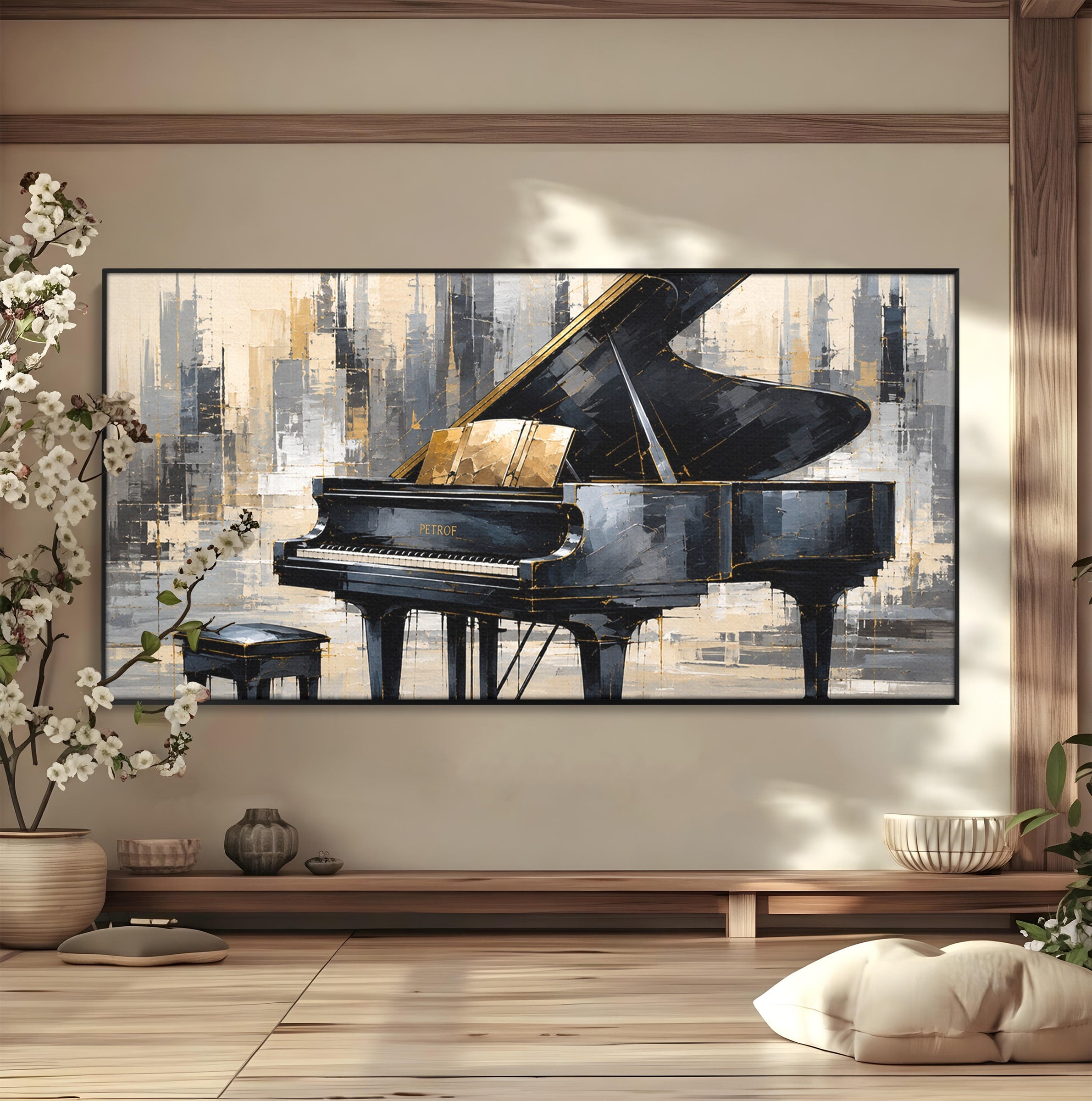 Tablou Canvas Premium LuxCanva® R1011, Pianul Elegant, Pian, Muzica, Abstract, Eleganta, Living, Birou, Culori Vibrante