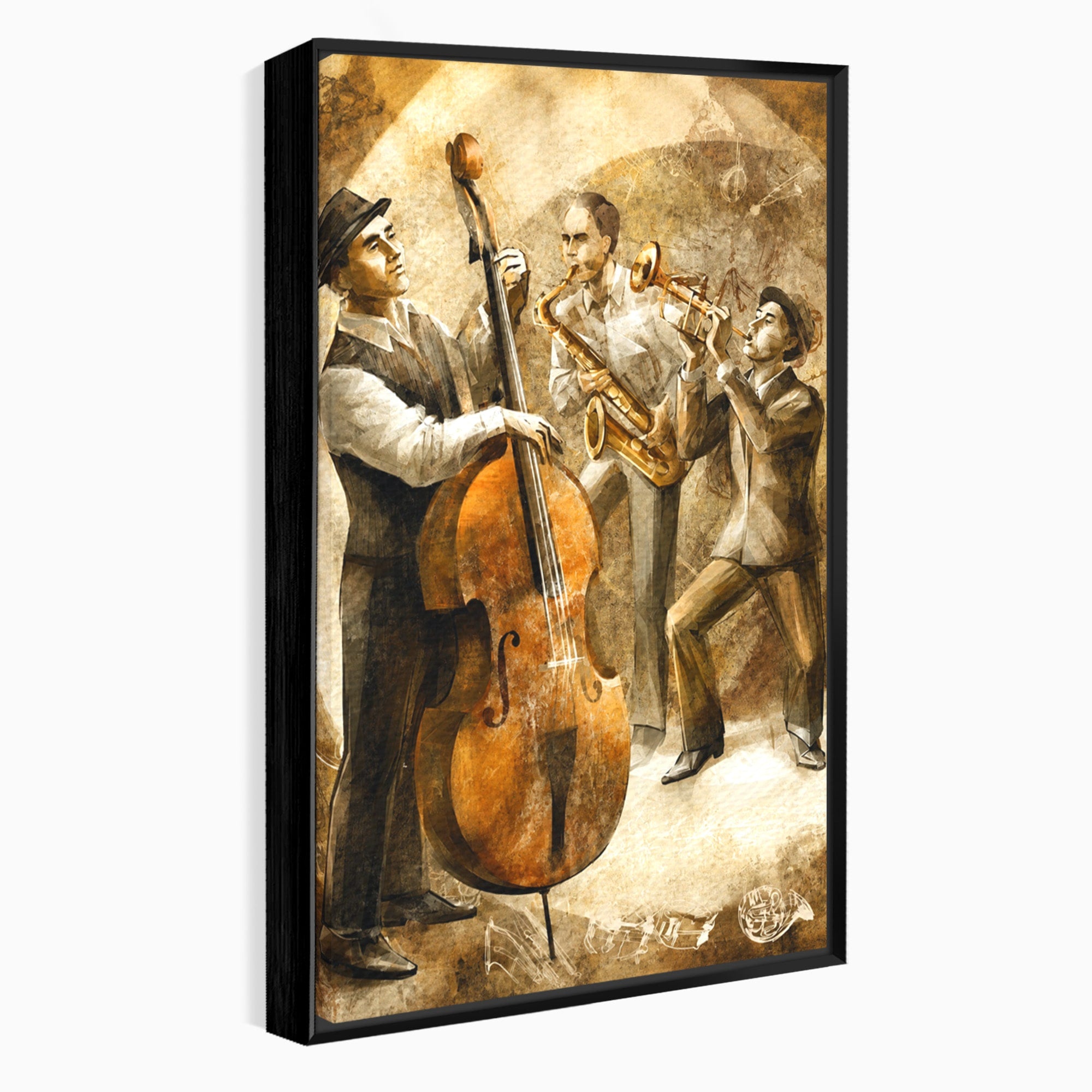 Tablou Canvas Premium LuxCanva® R1014, Trio Muzical de Jazz, Jazz, Muzica, Instrumente, Arta, Living, Birou, Culori Vibrante