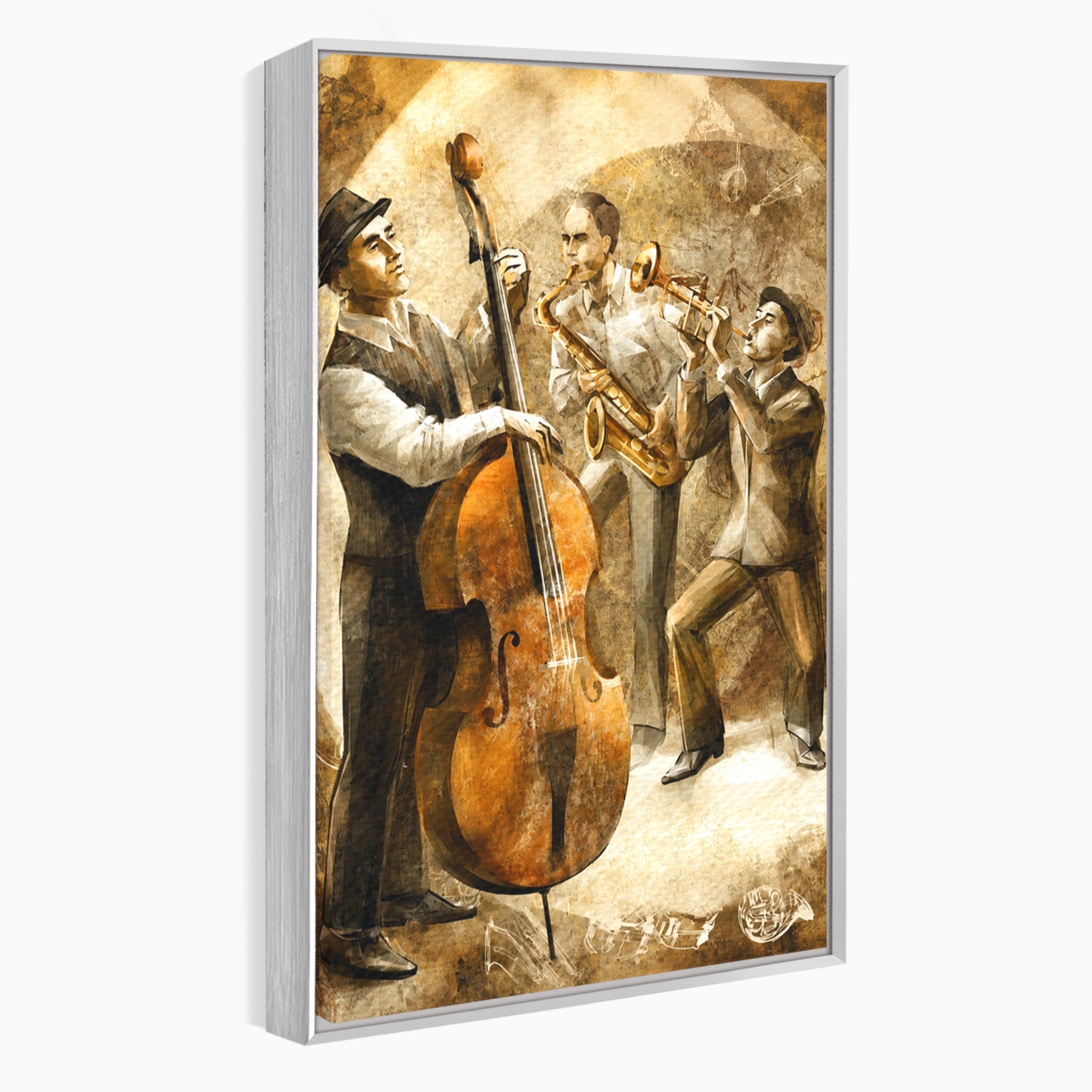 Tablou Canvas Premium LuxCanva® R1014, Trio Muzical de Jazz, Jazz, Muzica, Instrumente, Arta, Living, Birou, Culori Vibrante