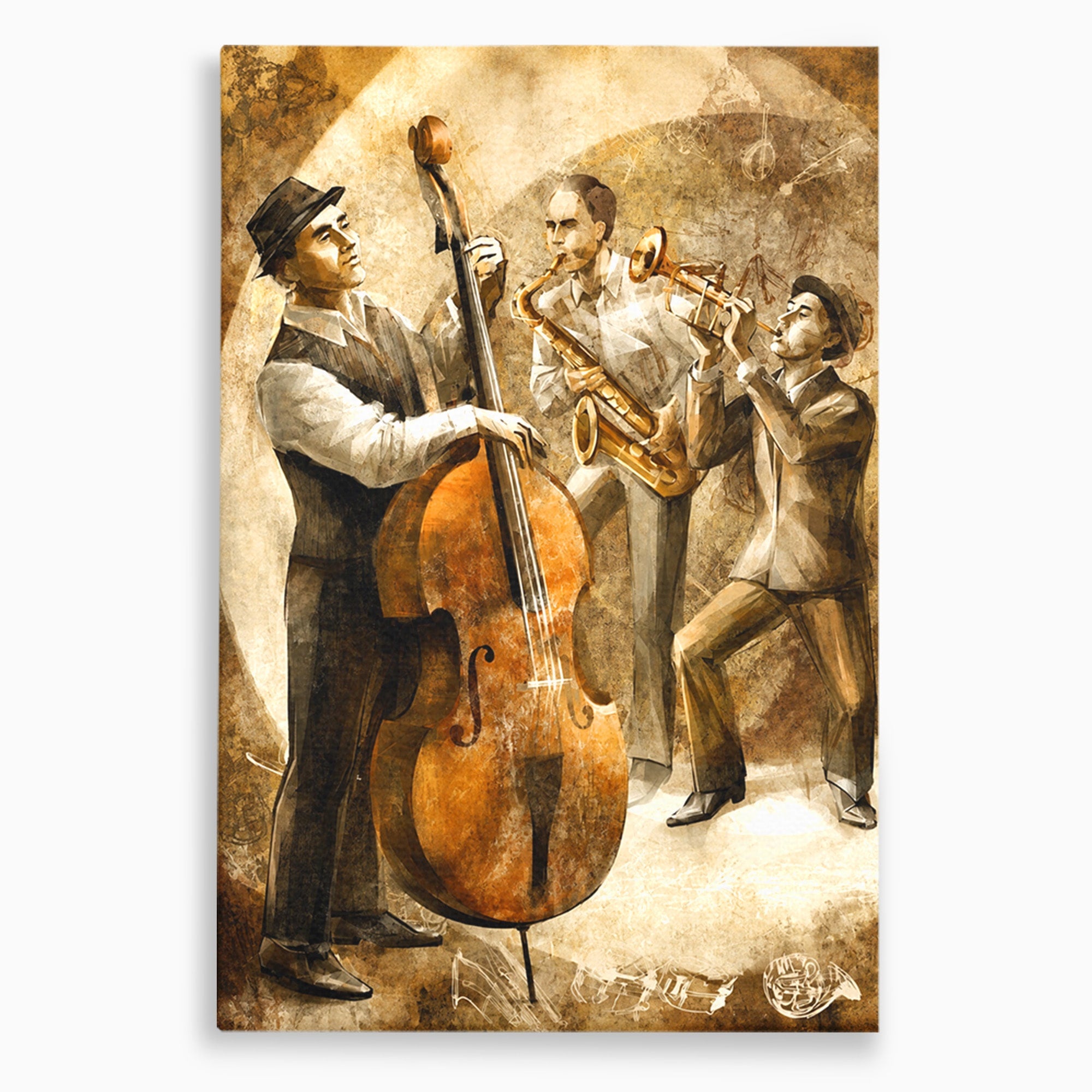 Tablou Canvas Premium LuxCanva® R1014, Trio Muzical de Jazz, Jazz, Muzica, Instrumente, Arta, Living, Birou, Culori Vibrante